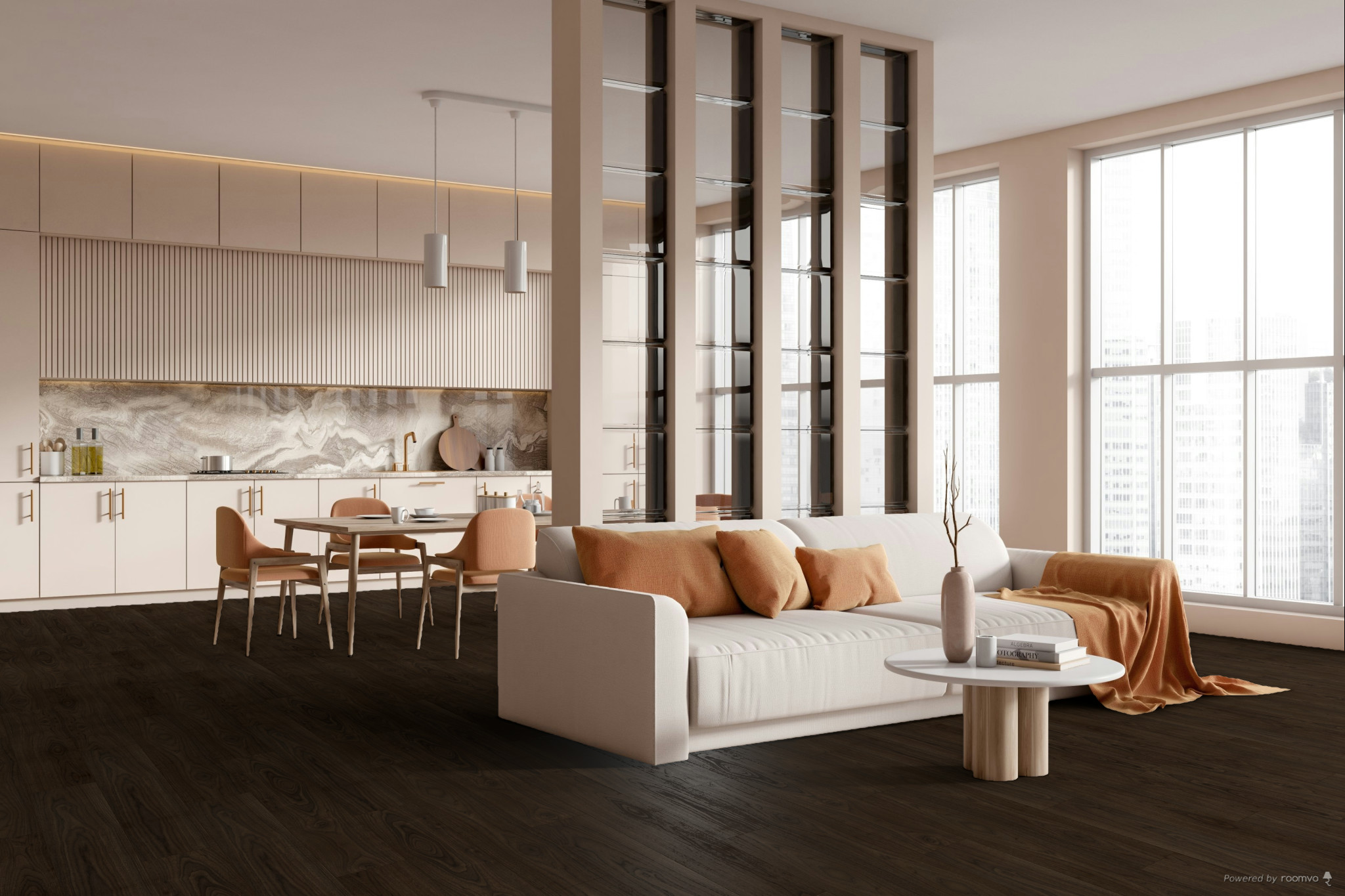 Sàn gỗ công nghiệp gỗ Walnut tông nâu trầm ứng dụng trong phòng khách căn hộ sang trọng