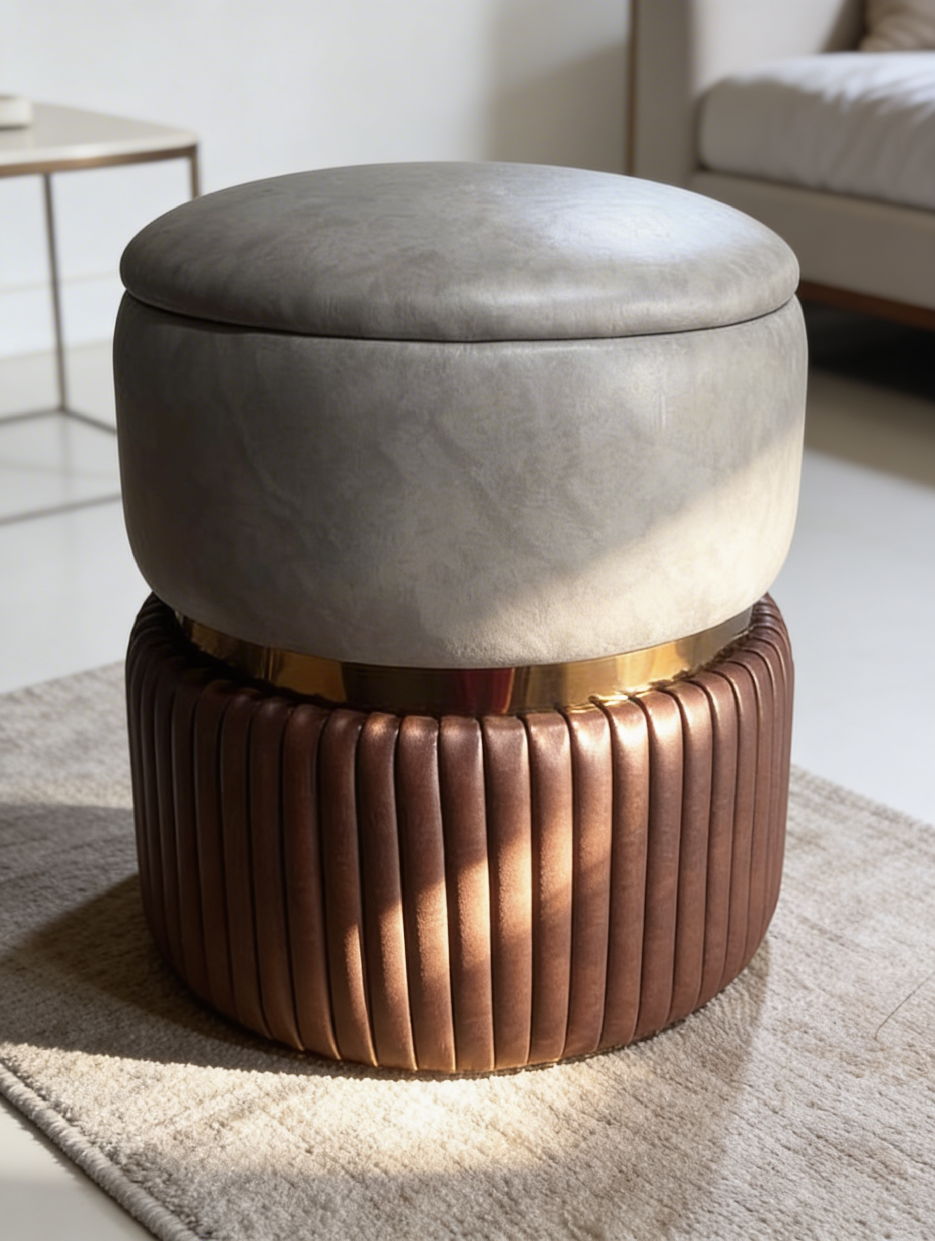 Mẫu đôn tròn bọc da cao cấp thiết kế chia múi cho bàn trang điểm