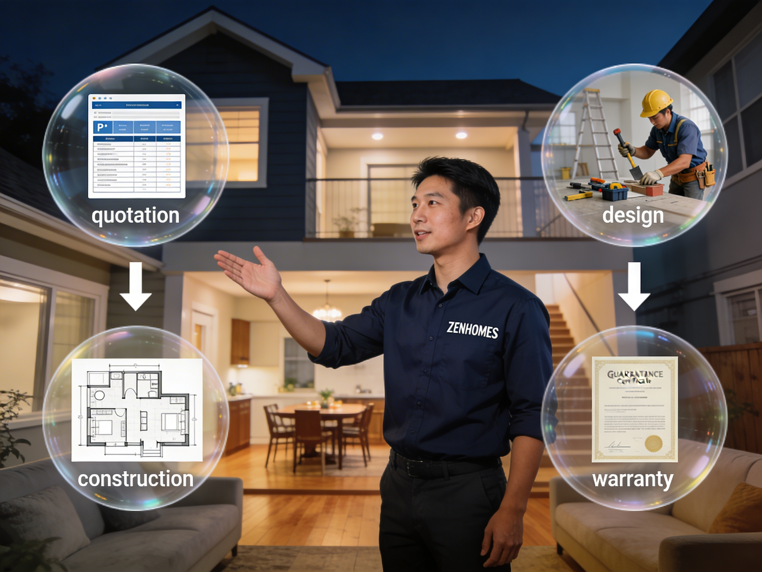 Nhân viên ZENHOMES mặc áo xanh coban đậm có logo trên ngực đang giới thiệu quy trình 4 bước trong thiết kế nội thất nhà phố, phía sau là không gian phòng khách và phòng ăn liên thông.