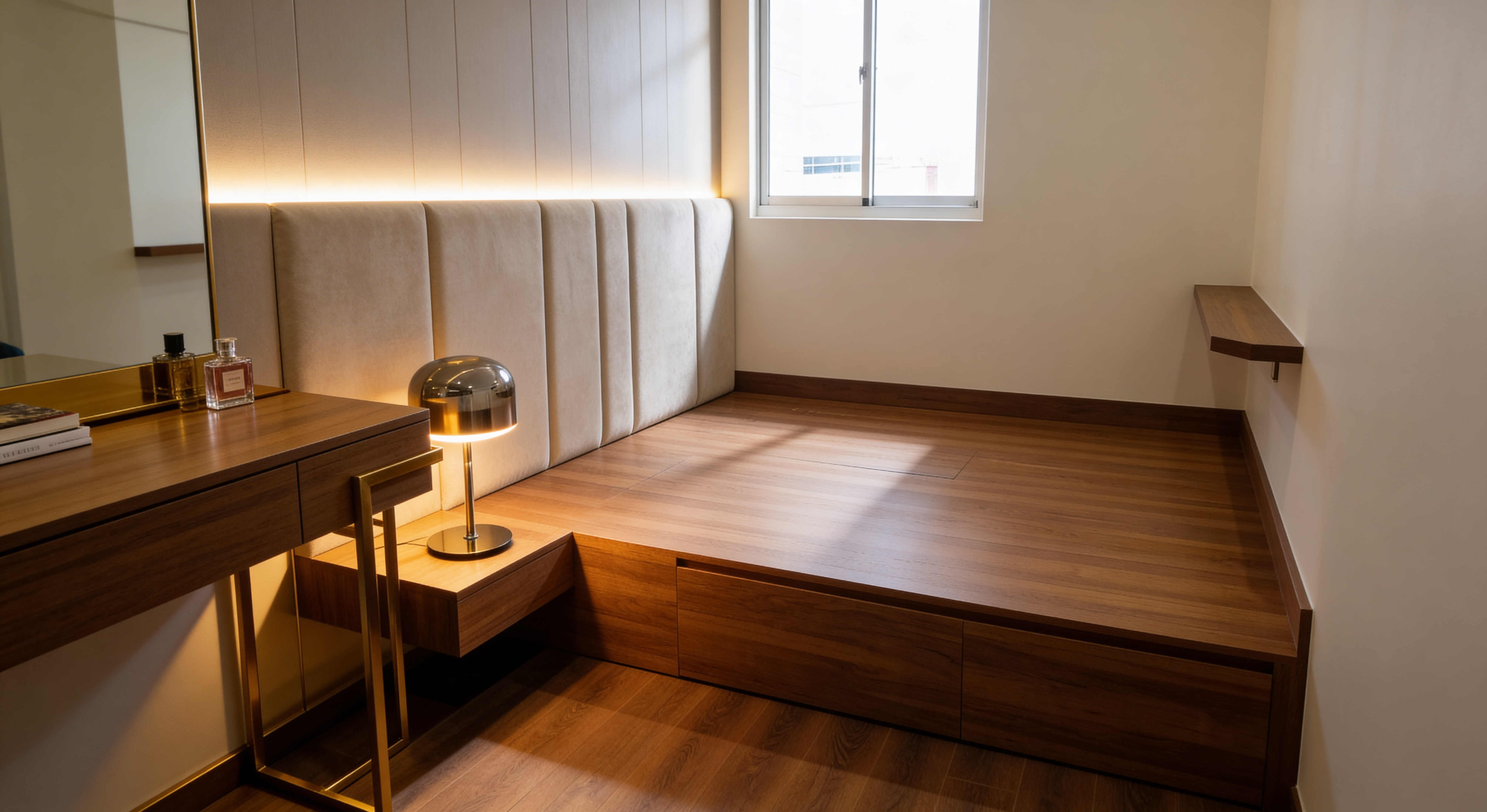 Cải tạo nội thất chung cư Chợ Nga giường bục gỗ vách đầu giường bọc nỉ