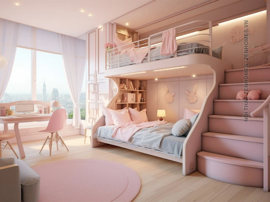 giường tầng màu hồng phong cách hiện đại cho bé thiết kế tinh gọn