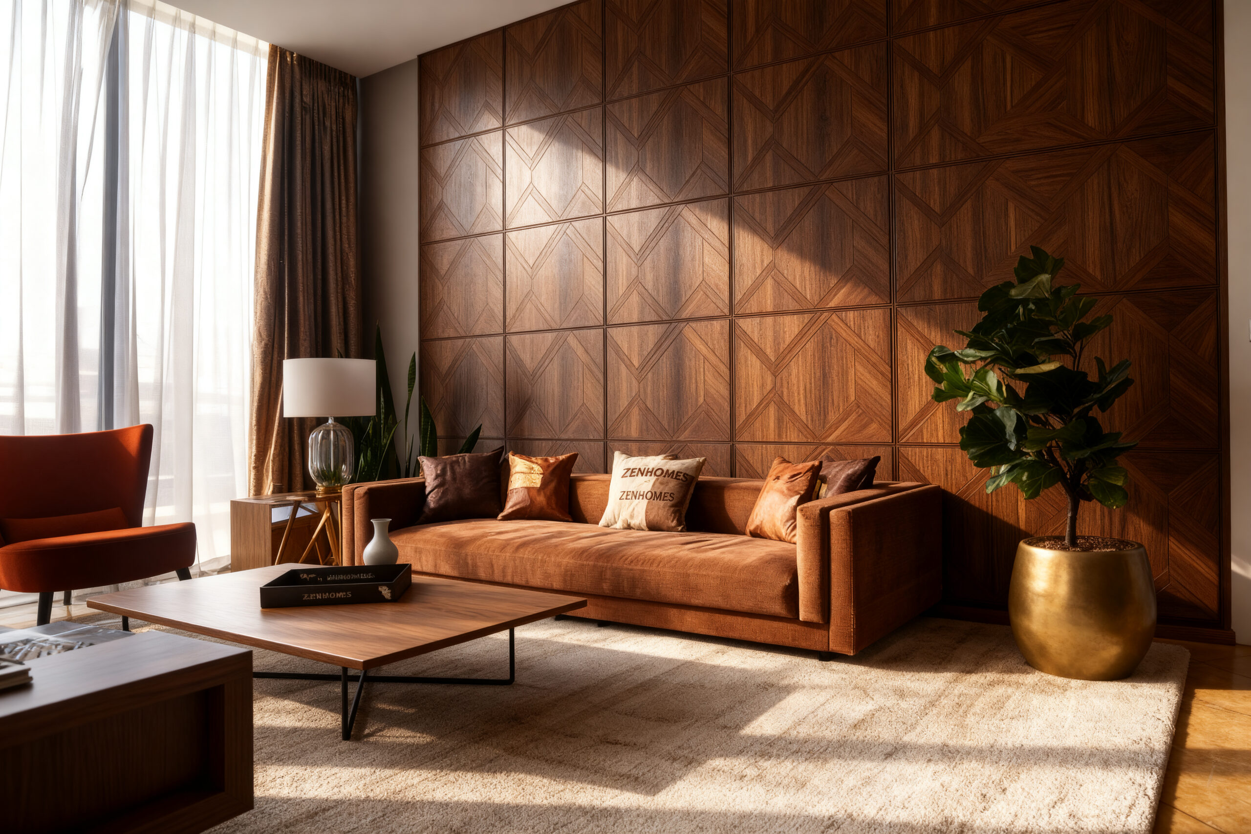 Không gian phòng khách sử dụng gỗ ốp tường hiện đại tạo điểm nhấn sang trọng và ấm cúng
