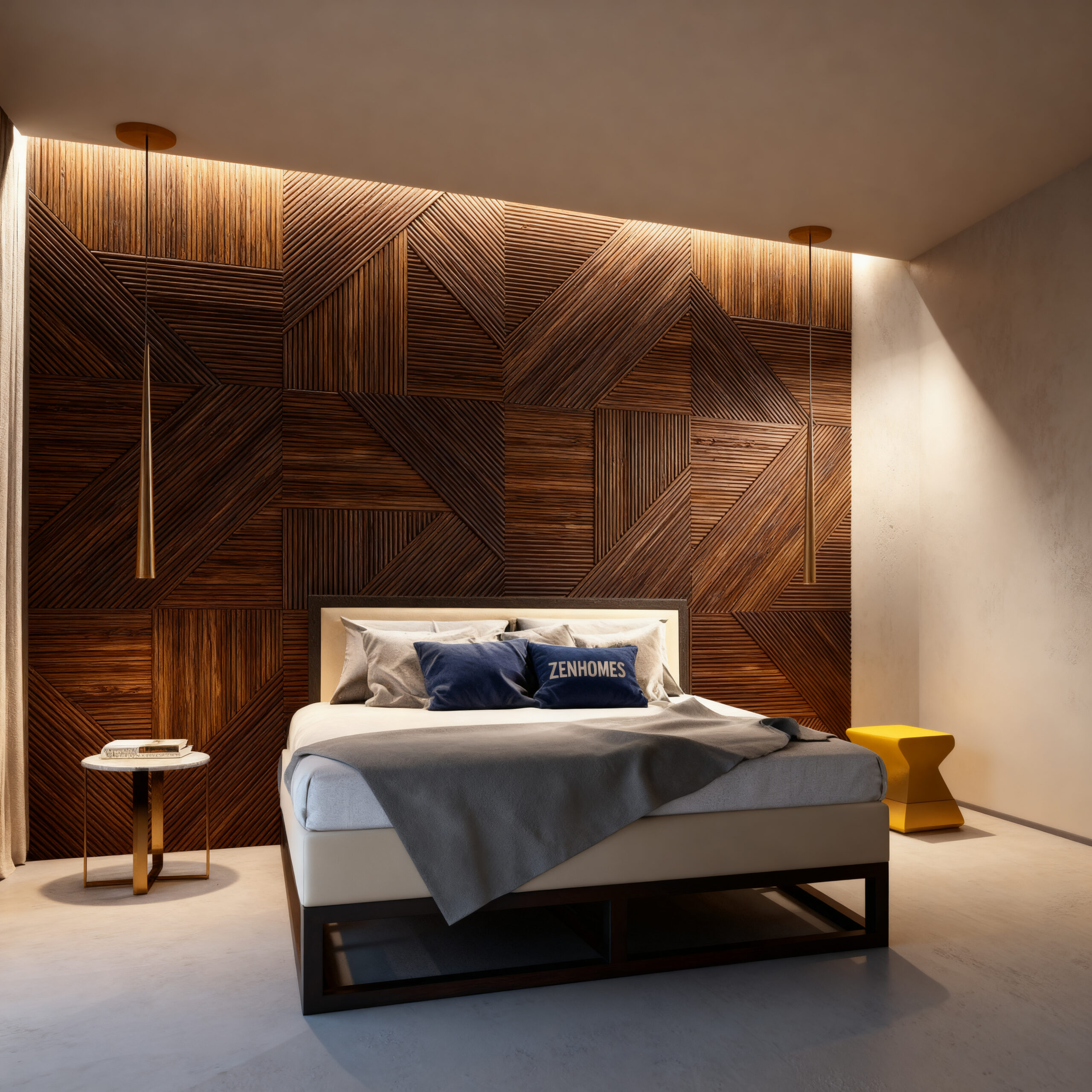 Thiết kế phòng ngủ với gỗ ốp tường hiện đại, tạo không gian ấm cúng và tinh tế