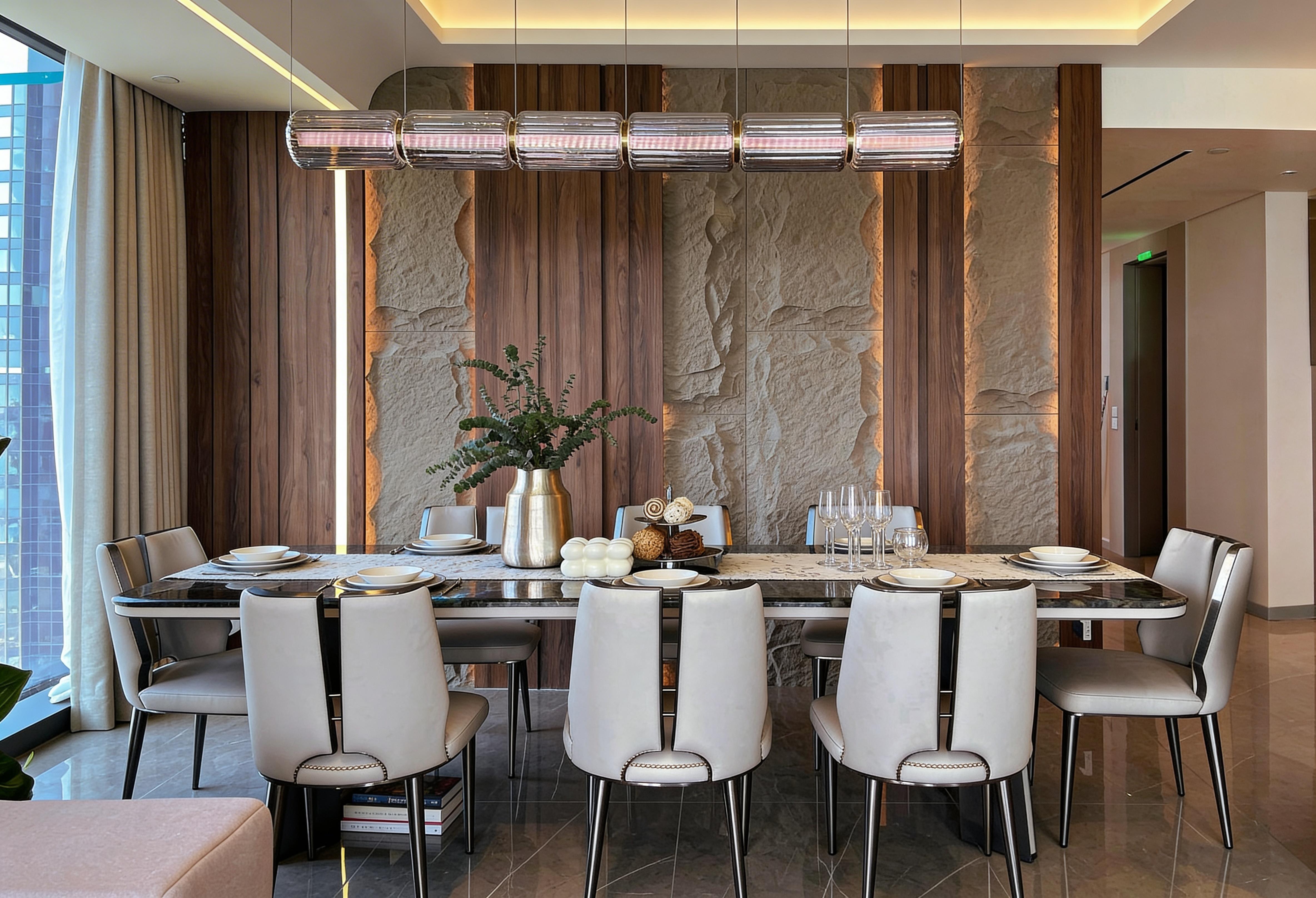 Thiết kế nội thất phòng ăn sang trọng dự án The Opera Residence với bàn đá marble và vách ốp gỗ cao cấp.
