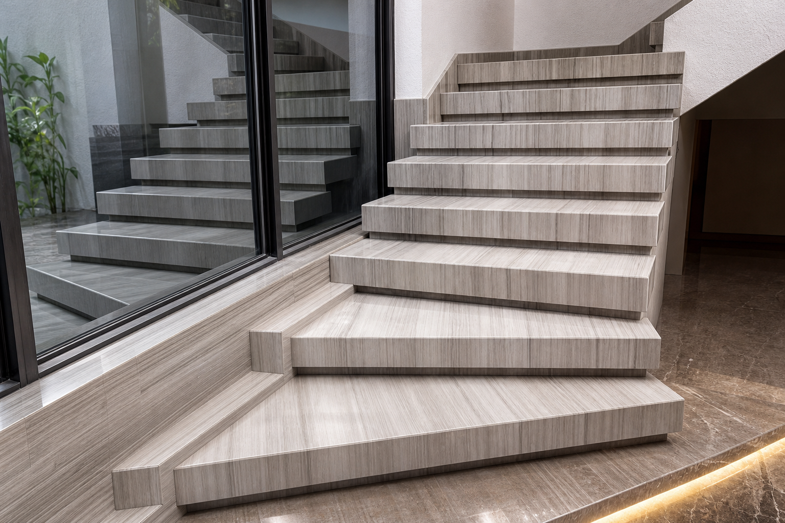 Mẫu Marble Xám Vân Gỗ ốp cầu thang hiện đại cho nhà phố và biệt thự