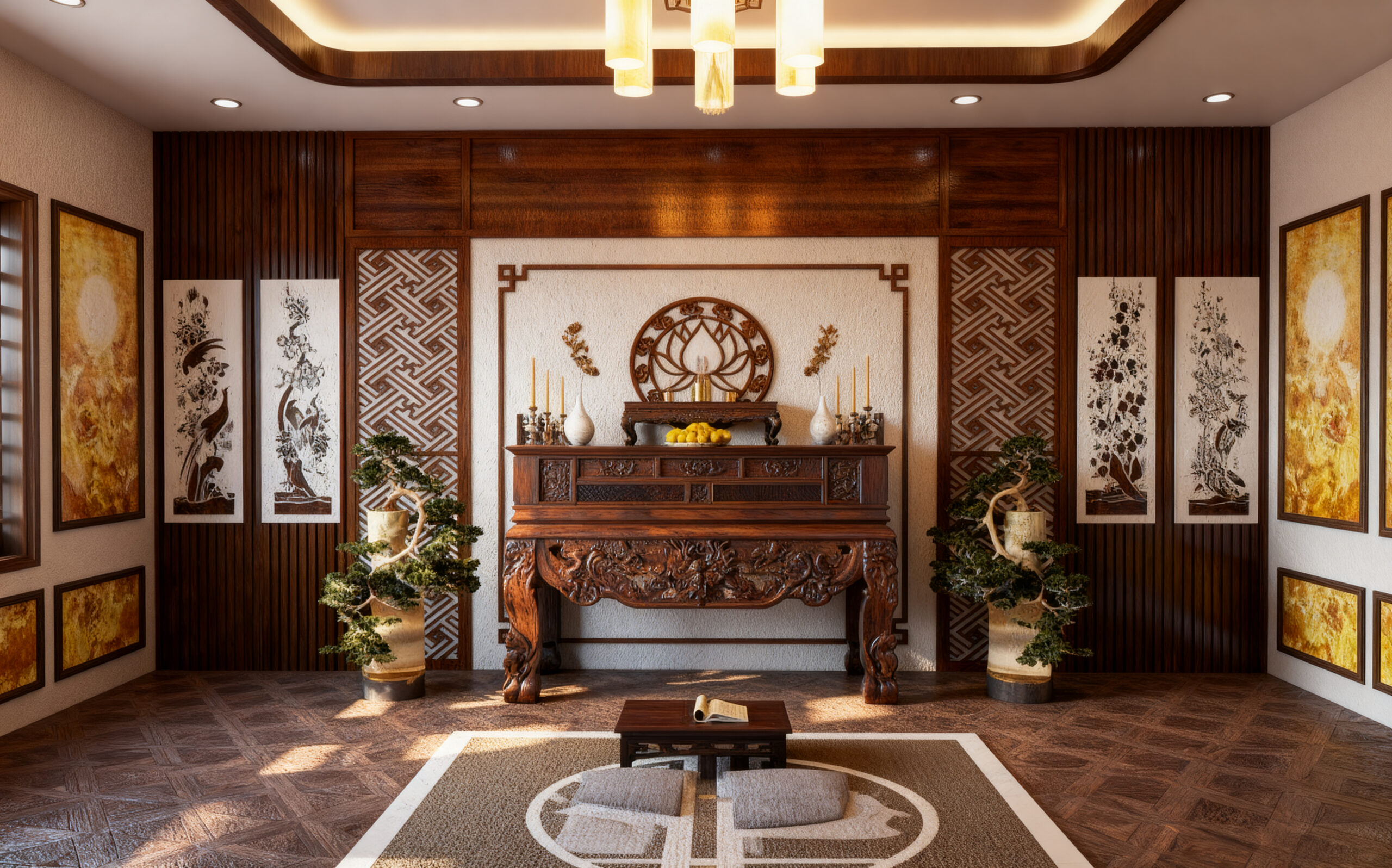 Không gian phòng thờ sử dụng ốp gỗ tạo cảm giác trang nghiêm, ấm cúng và tinh tế