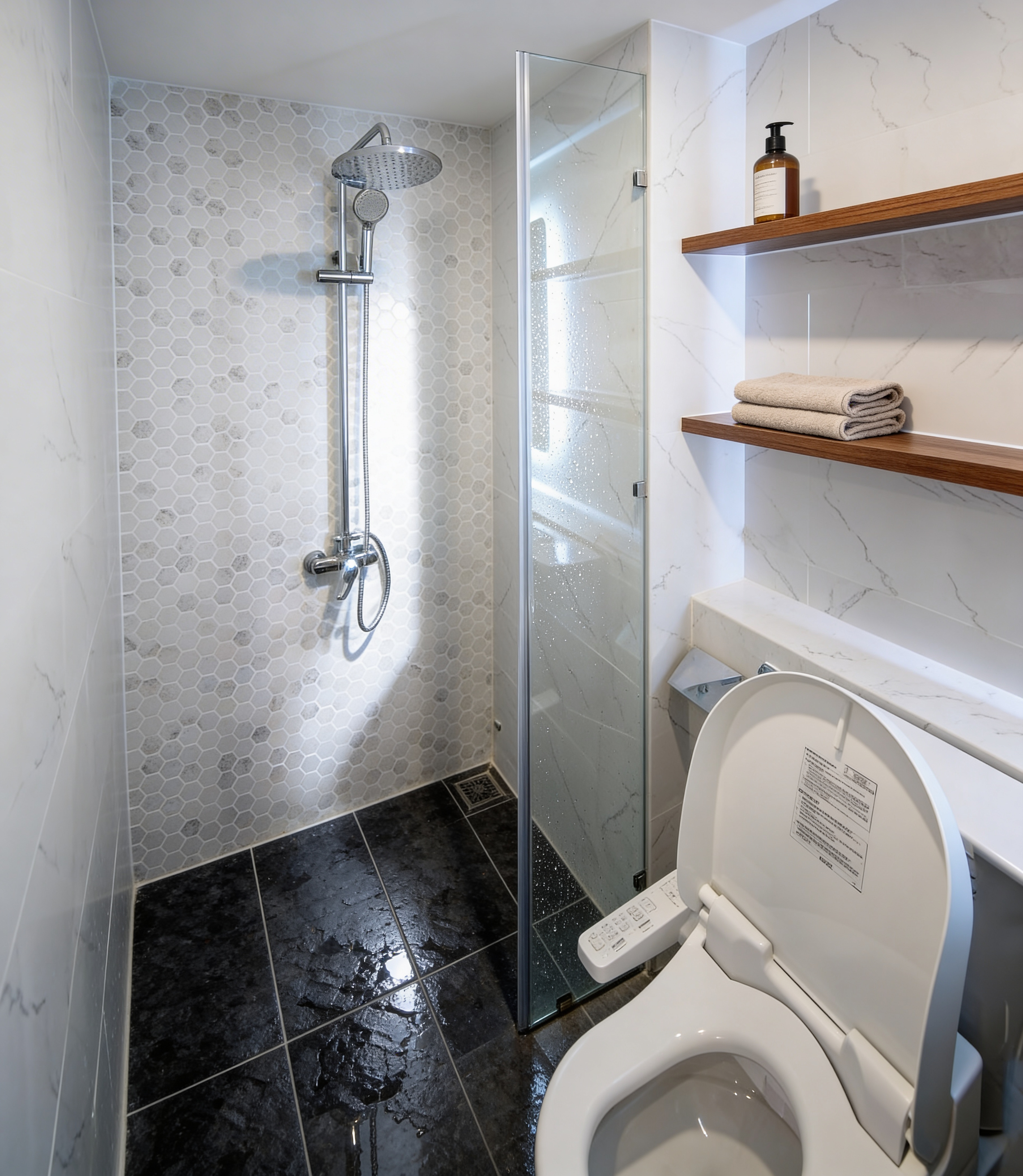 Cải tạo nội thất chung cư Chợ Nga phòng tắm đứng vách kính và kệ gỗ