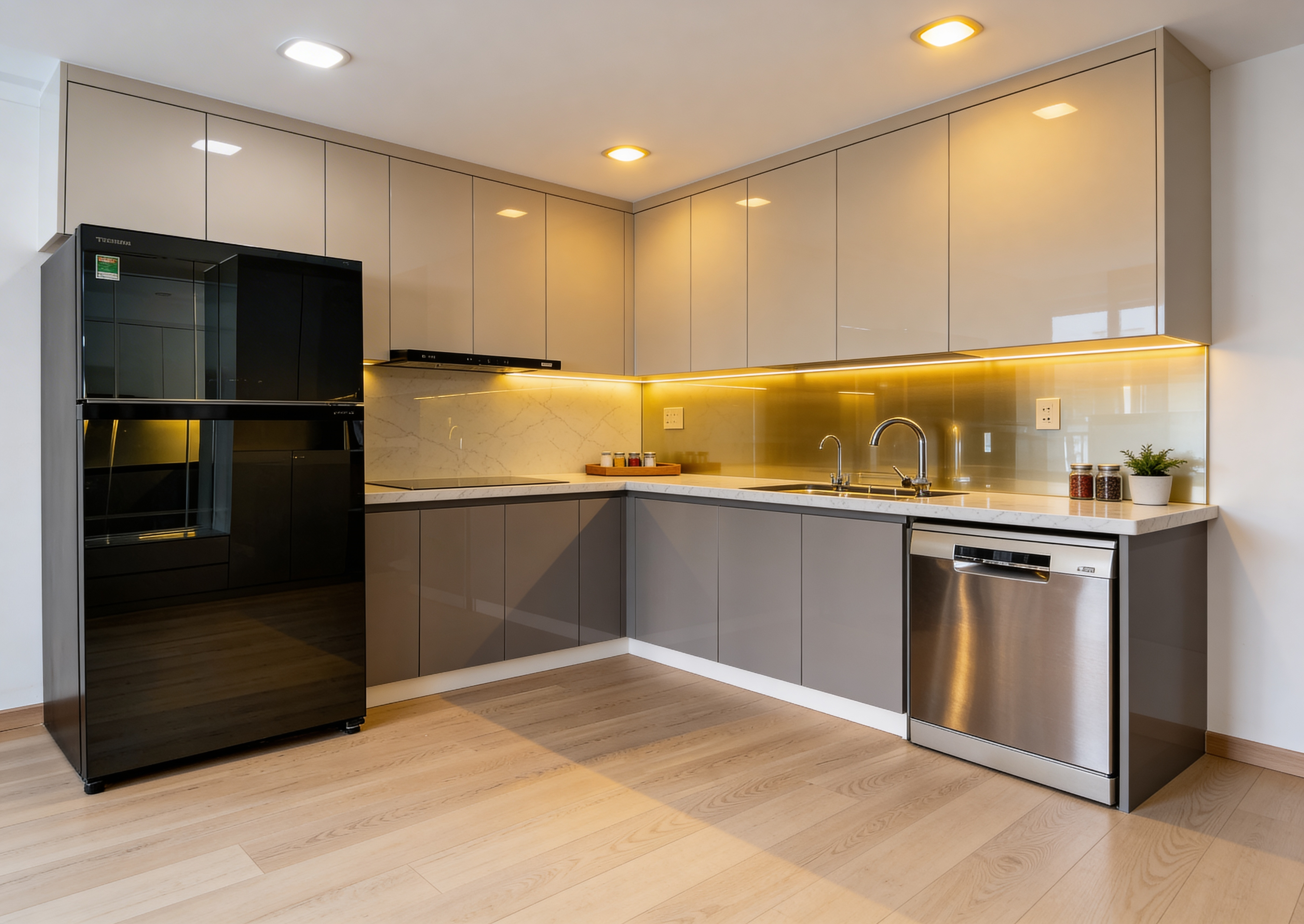 thi công nội thất chung cư trọn gói bếp chữ L Lovera Vista hiện đại