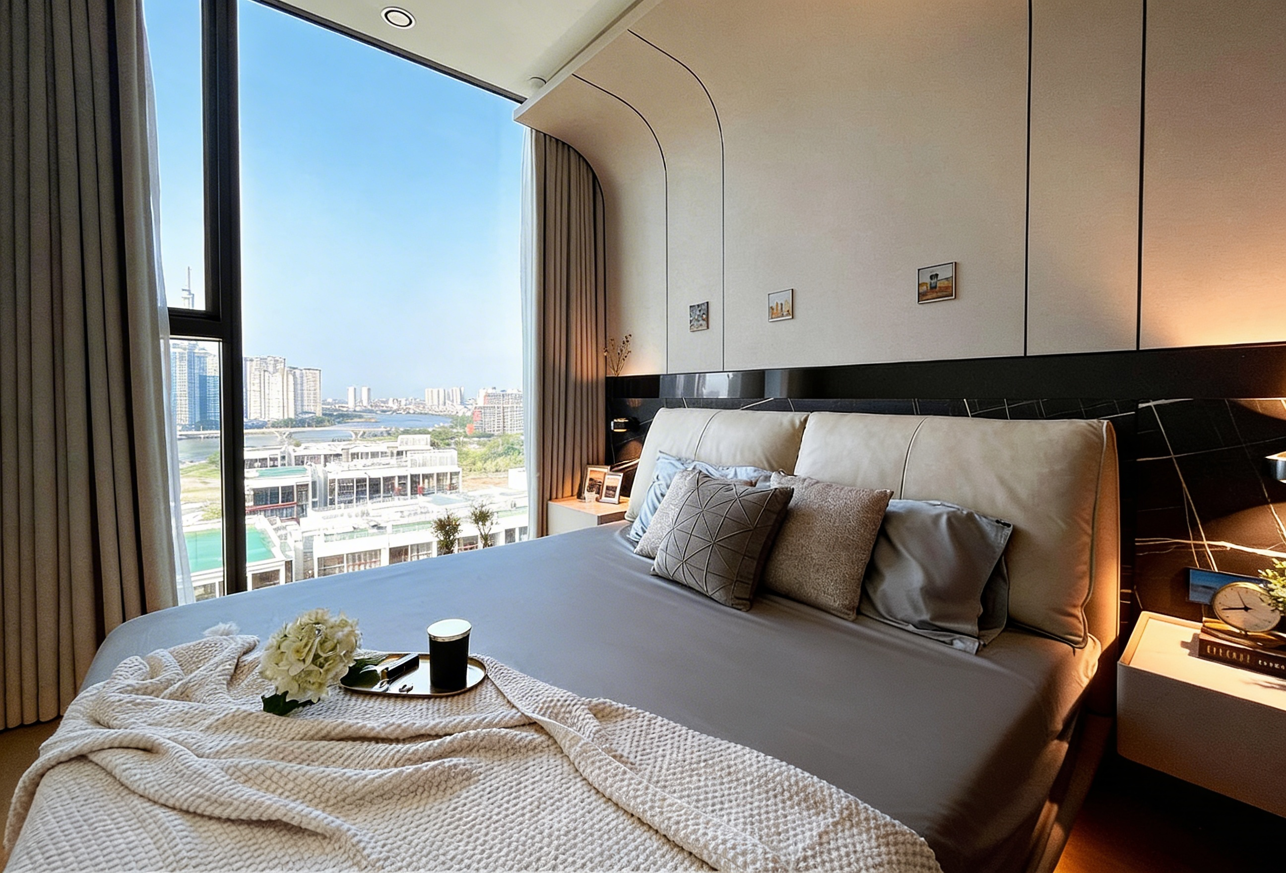thi công thiết kế nội thất phòng ngủ master căn hộ The Opera Residence view thành phố hiện đại