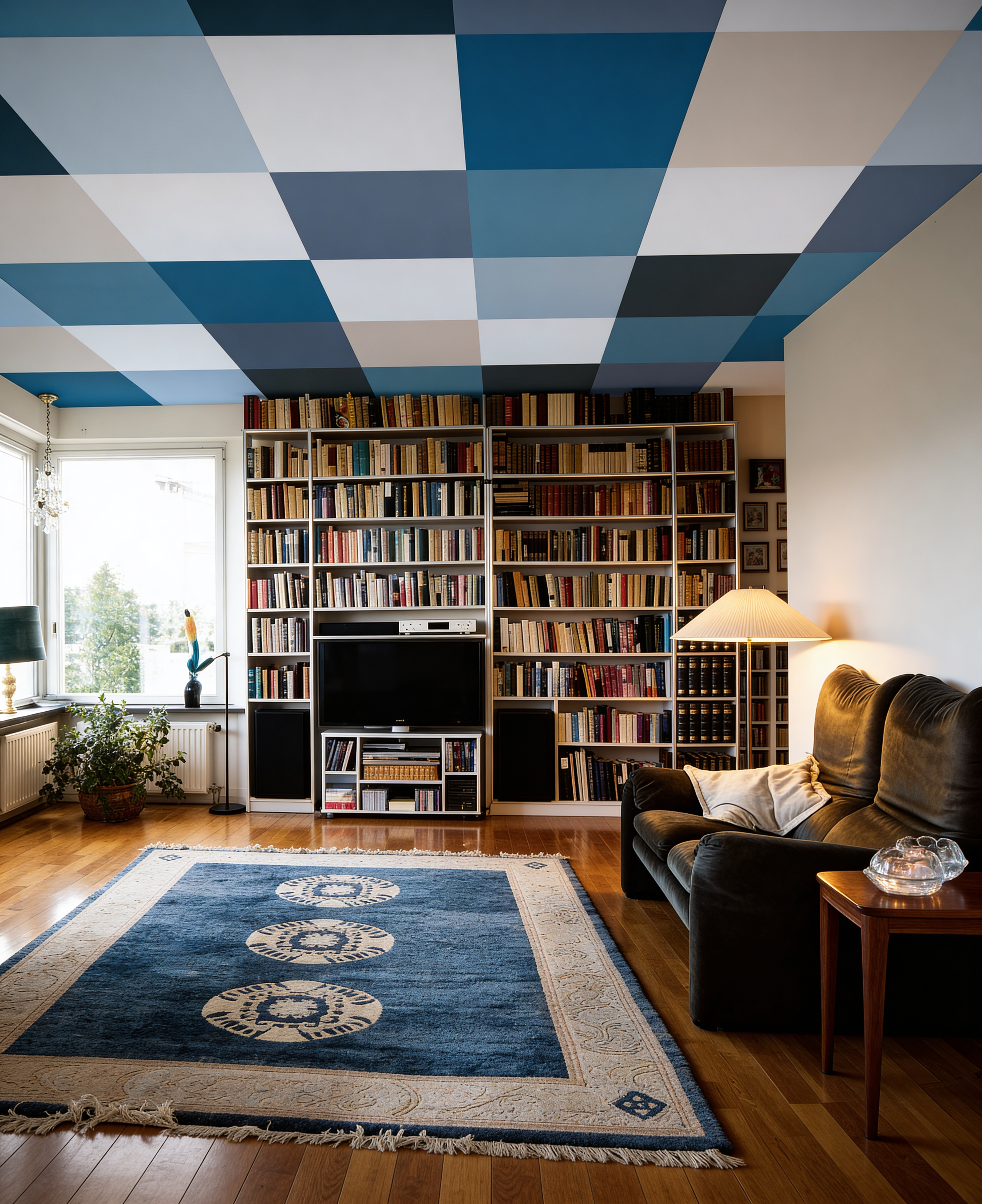 trần sợi đá hệ khung chìm phối màu decor trong thi công thiết kế nội thất phòng khách hiện đại