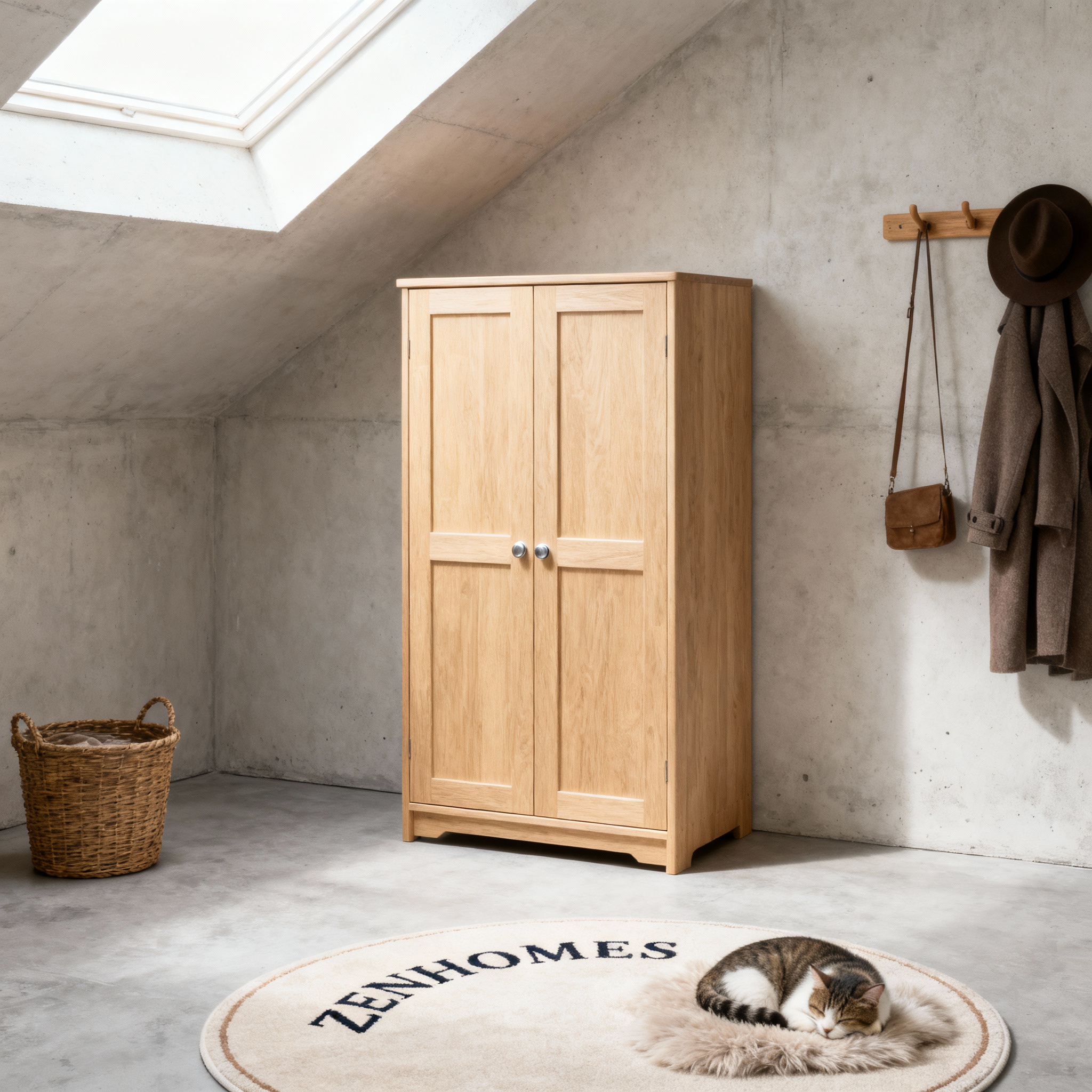 Tủ áo nhỏ có 2 cánh đặt trên sàn màu xám betong nhạt