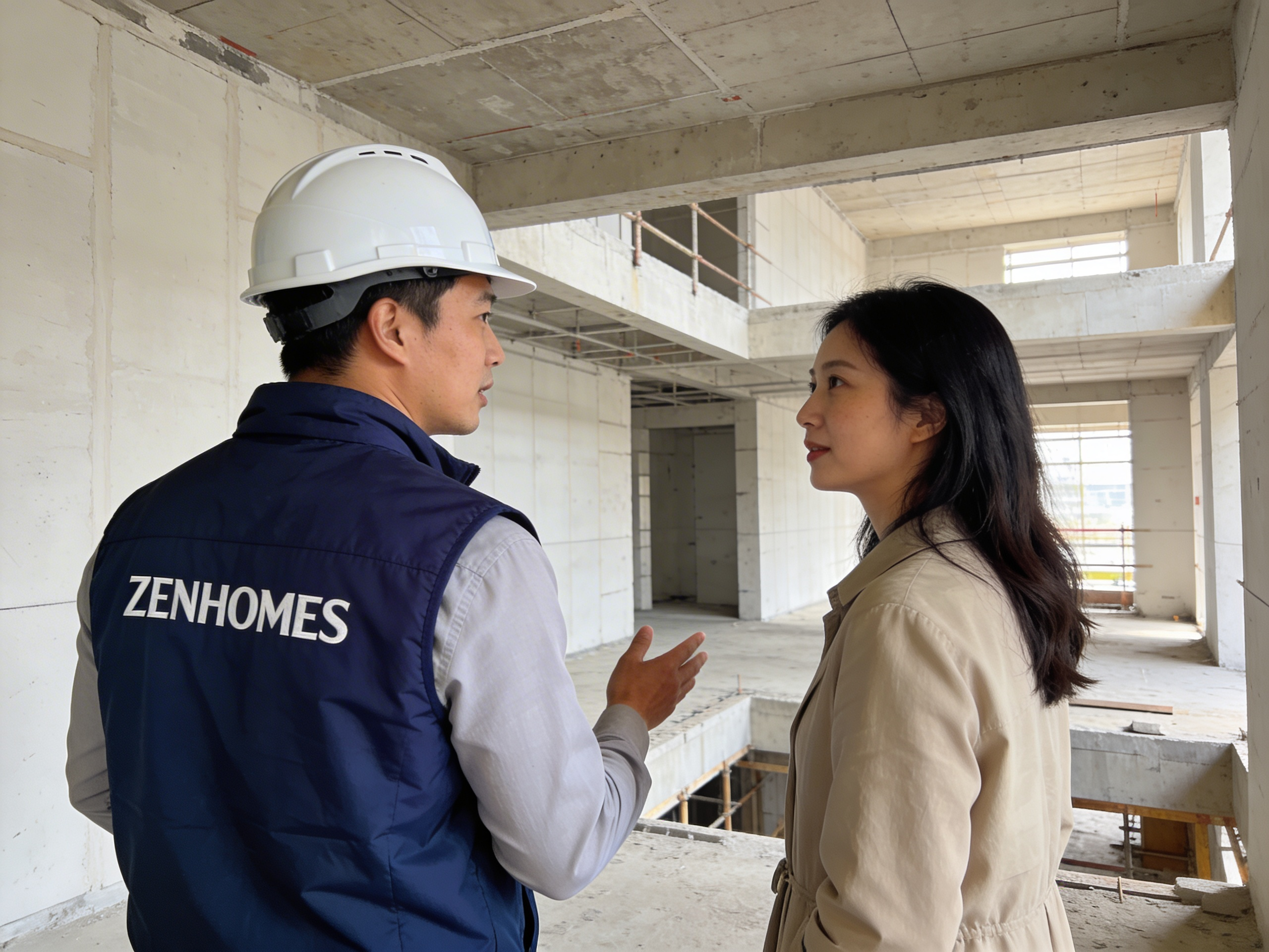 Nhân viên ZENHOMES đội nón bảo hộ, mặc áo xanh coban in logo phía sau, đang tư vấn khách hàng tại công trình thiết kế nội thất nhà phố trong giai đoạn thi công phần thô.