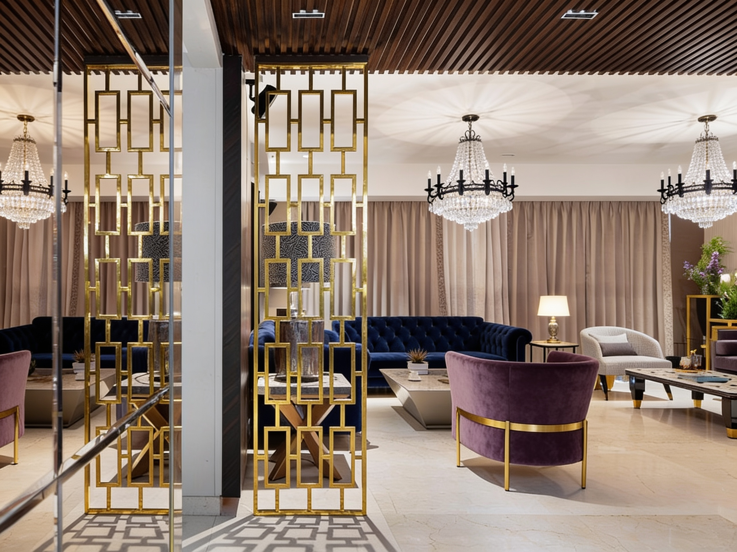 Vách ngăn inox mạ vàng trang trí phòng khách biệt thự phong cách luxury