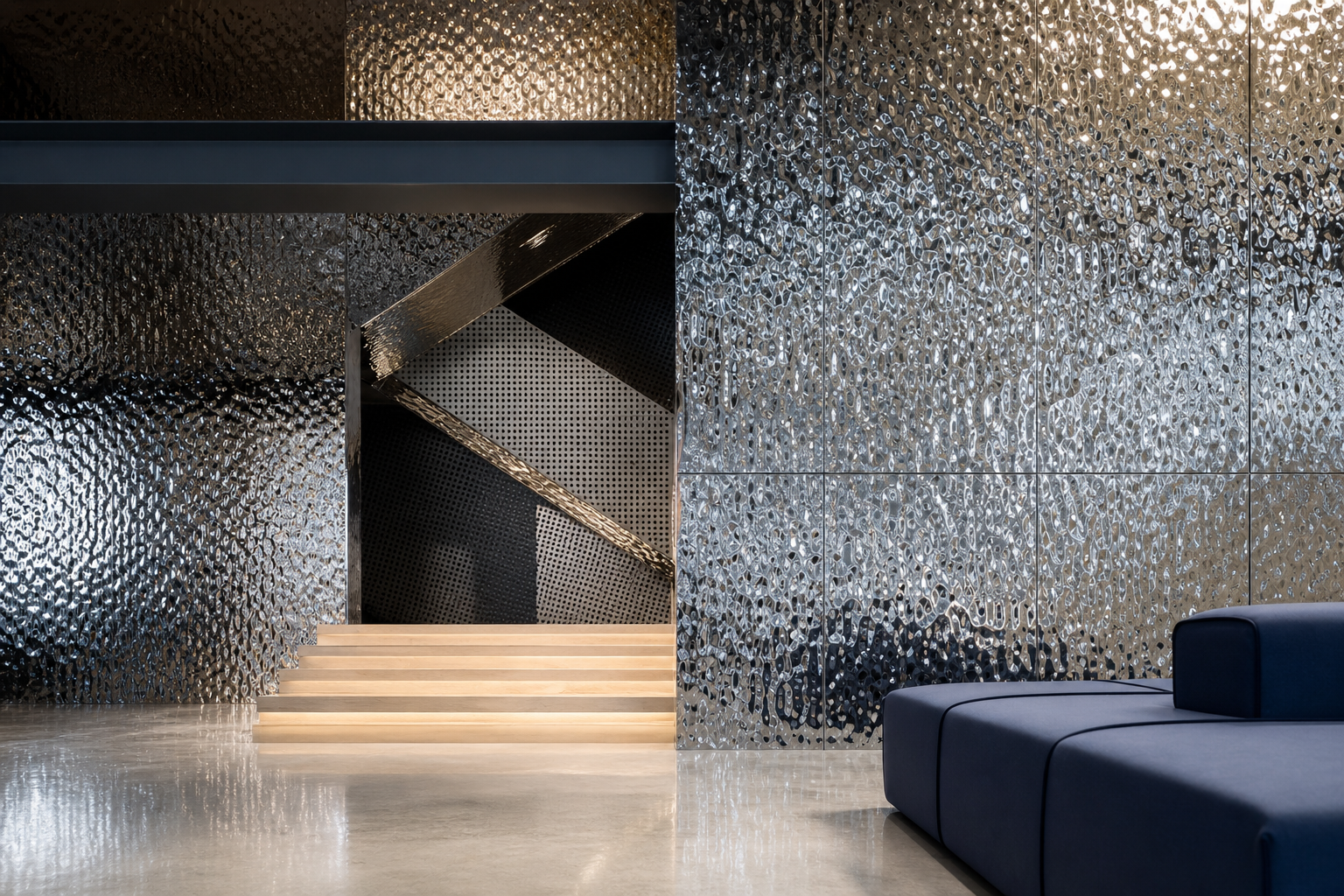 Vách ngăn inox sóng nước trang trí sảnh khách sạn và showroom cao cấp