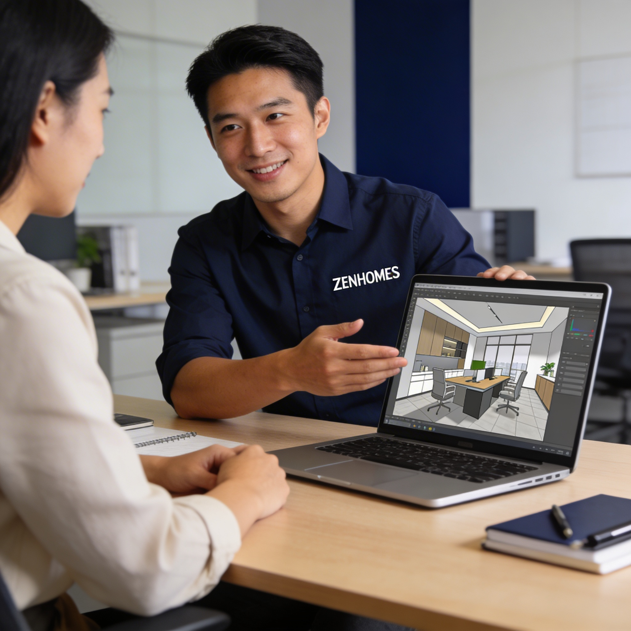 Đội ngũ Zenhomes tư vấn dịch vụ thiết kế nội thất trực tiếp cho khách hàng bằng mô hình 3D trên máy tính.