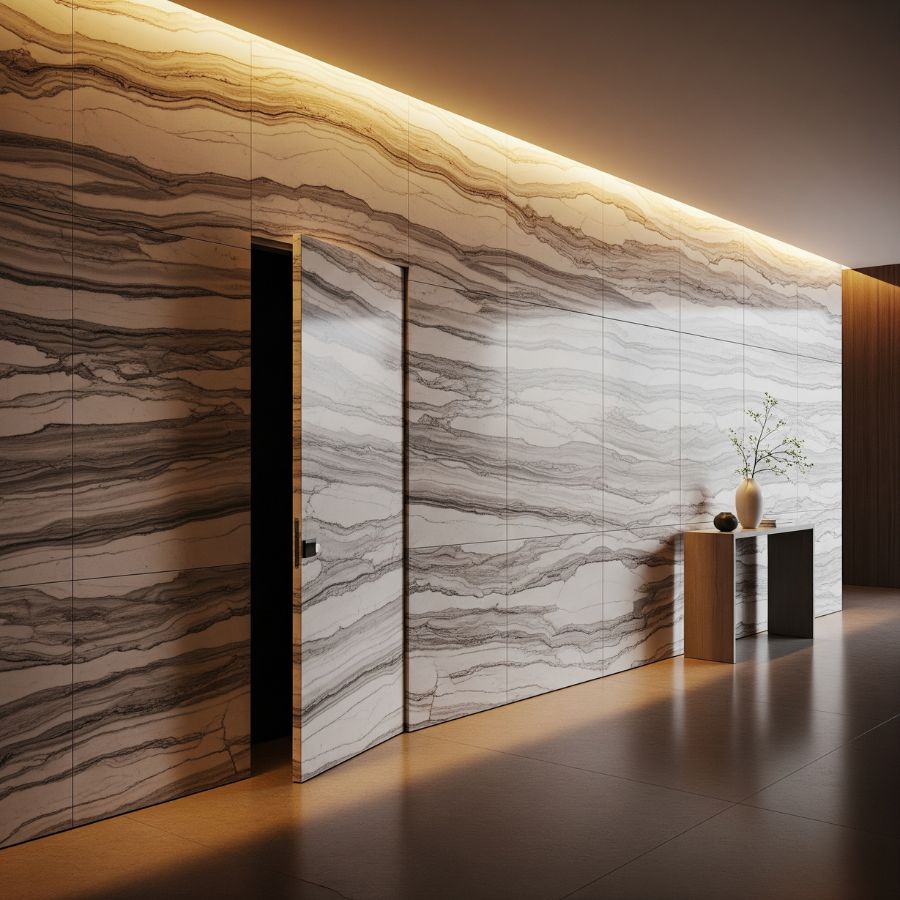 Cửa ẩn kết hợp tường ốp phẳng vân đá