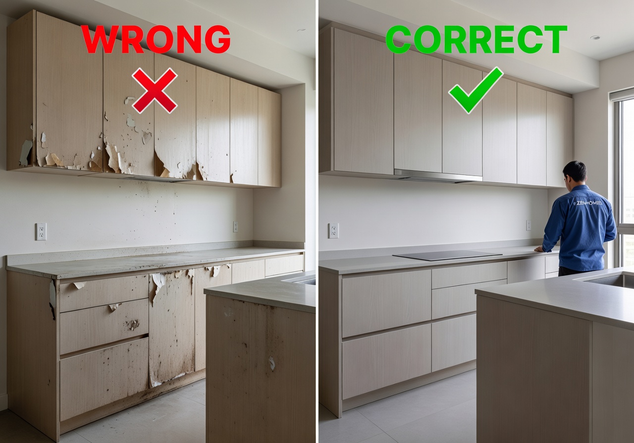 So sánh đóng tủ bếp theo yêu cầu với gỗ công nghiệp chống ẩm và gỗ kém chất lượng bị phồng rộp
