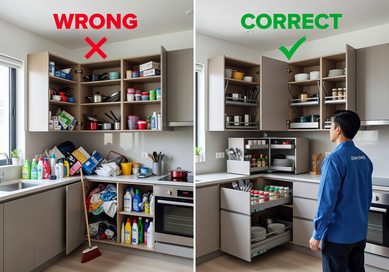 So sánh đóng tủ bếp theo yêu cầu có và không có phụ kiện tủ bếp thông minh giúp sắp xếp gọn gàng