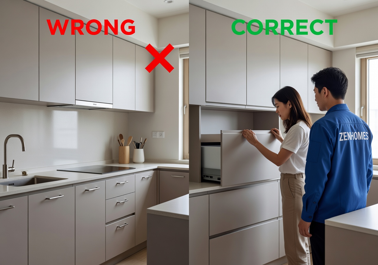 So sánh đóng tủ bếp theo yêu cầu với tay nắm âm và tay nắm nổi giúp tối ưu thẩm mỹ và công năng