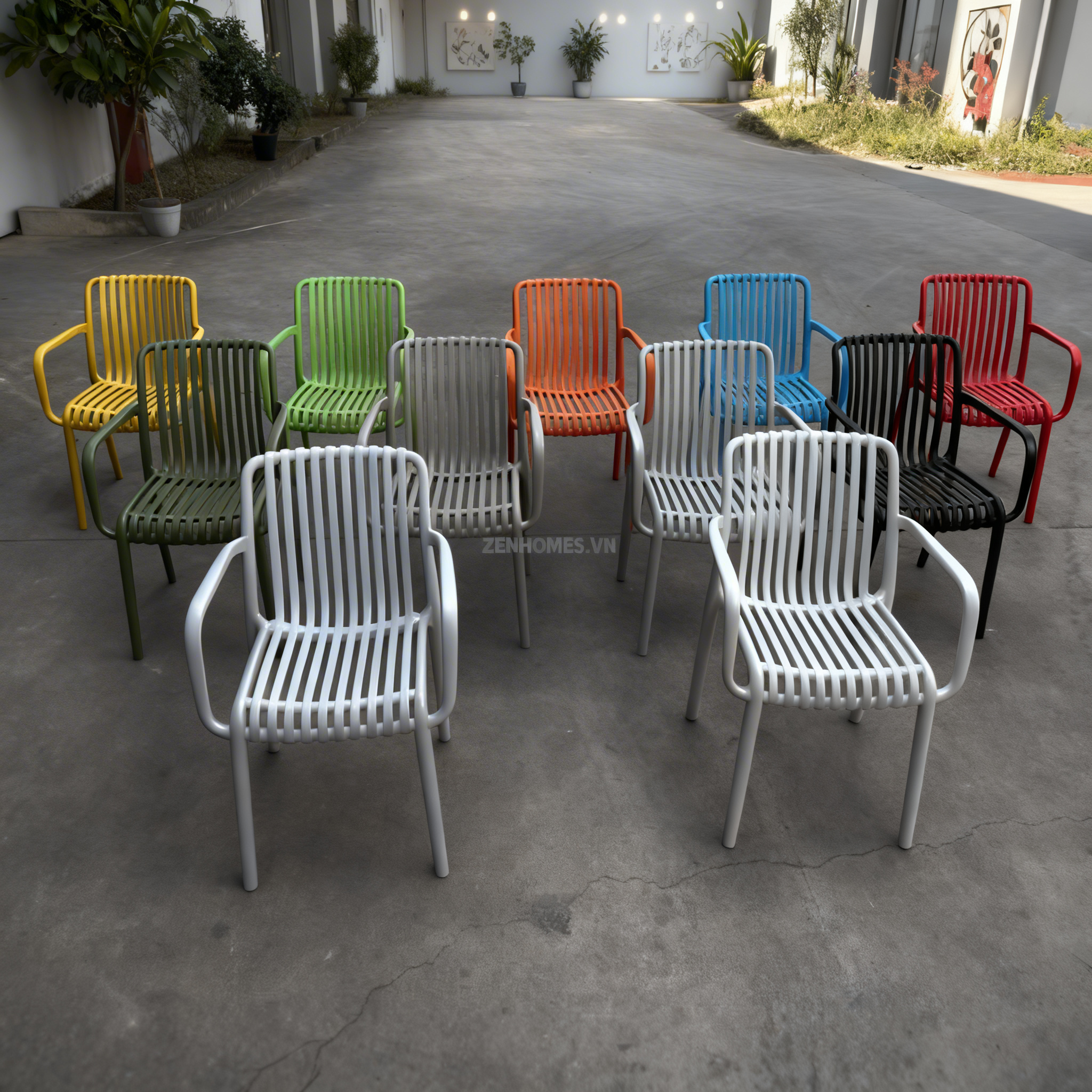 ghế coffee nhựa PP mã 3046 có tay vịn thiết kế nan thoáng dùng cho quán cafe