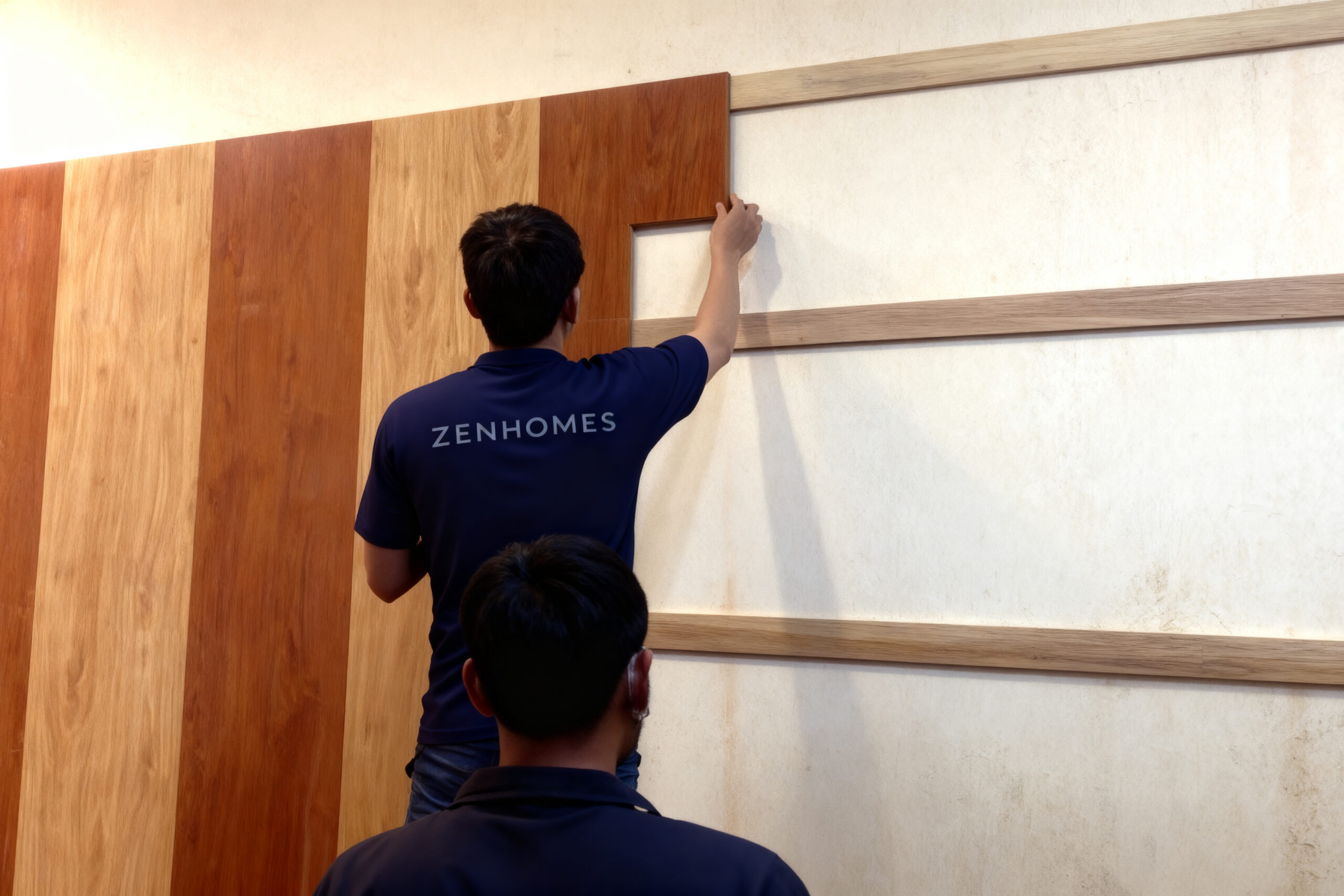 Thi công gỗ ốp tường dạng phẳng hiện đại, bề mặt phẳng mịn, hoàn thiện chuẩn nội thất Zenhomes