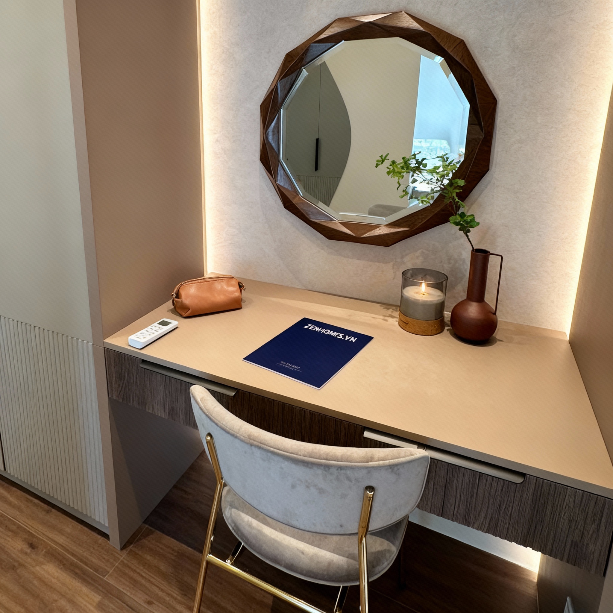 gương trang điểm tròn khung gỗ sồi