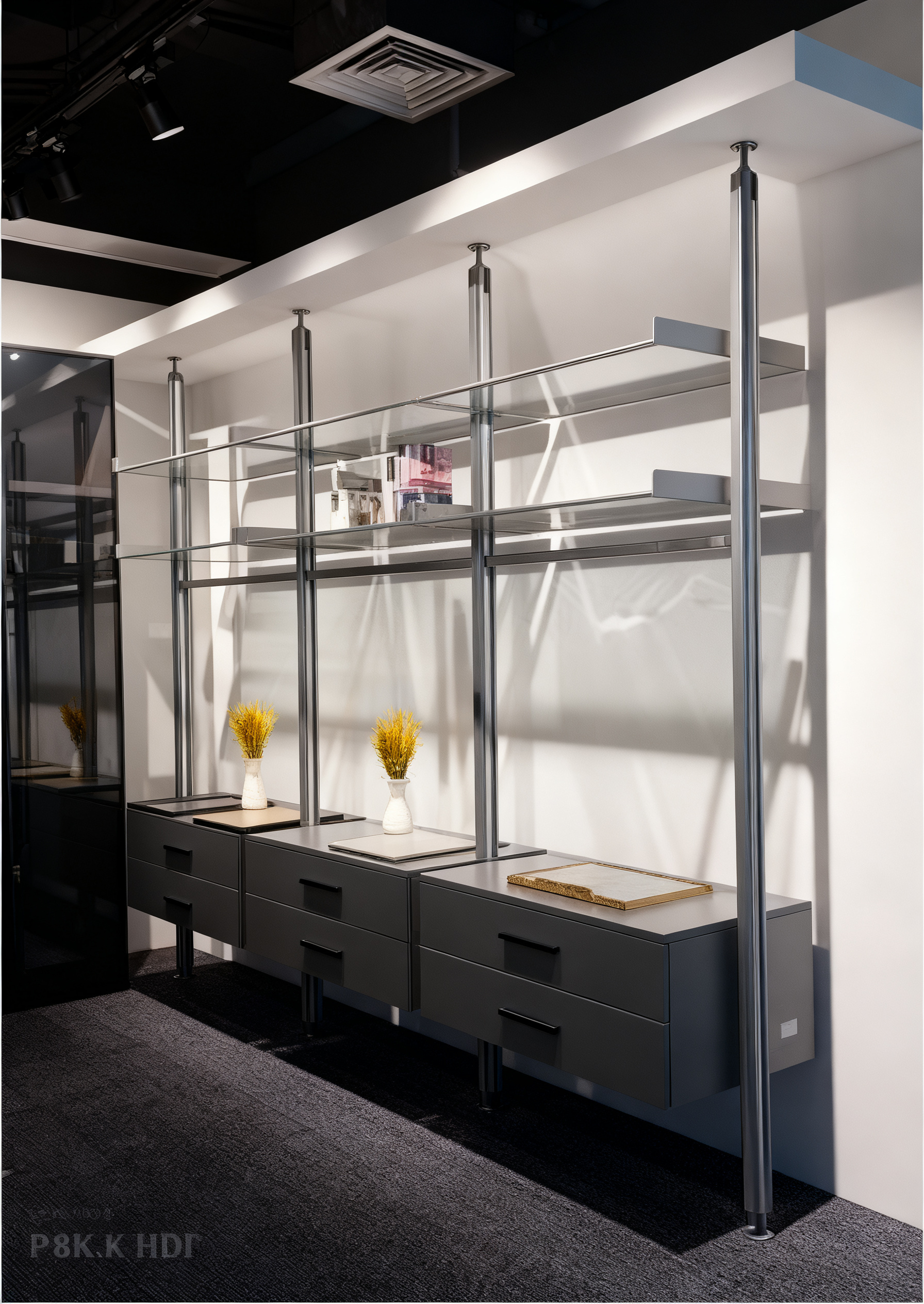 Hệ khung nhôm pole kết hợp tủ kính hiện đại cho walk in closet