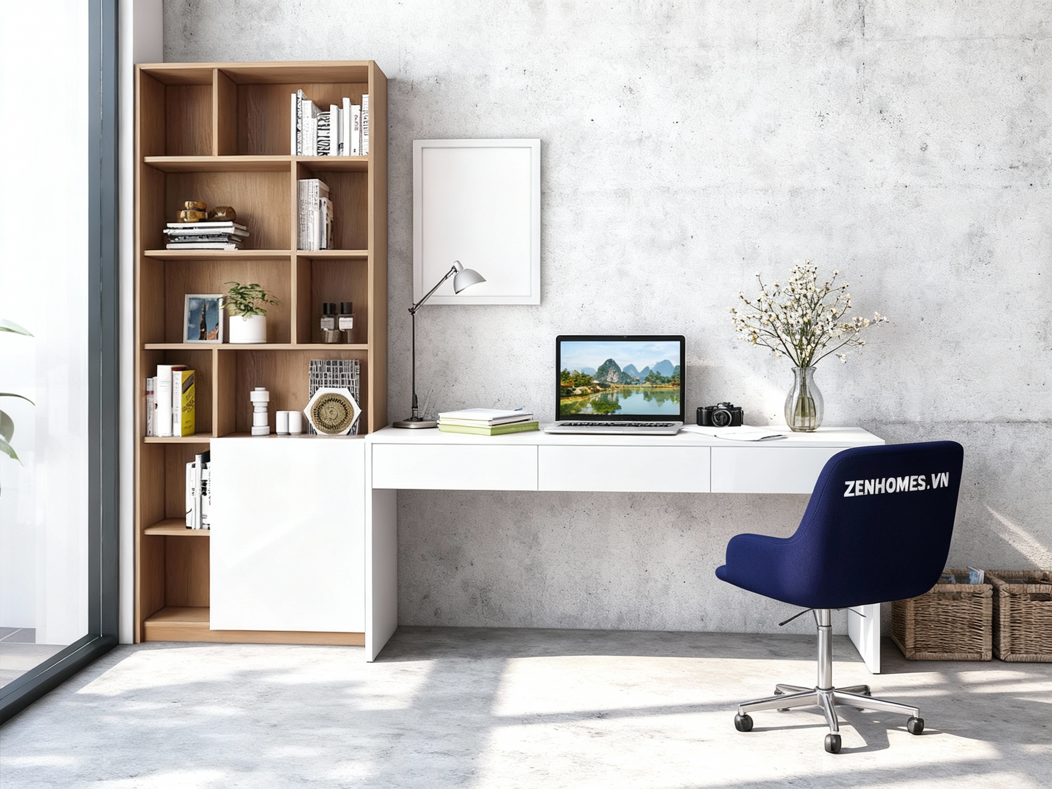 Bàn học và làm việc kèm giá sách