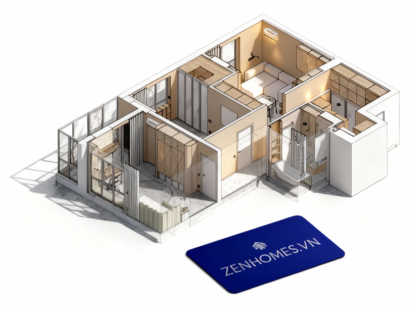 Mô hình 3D thiết kế thi công nội thất chung cư hiện đại tại Zenhomes