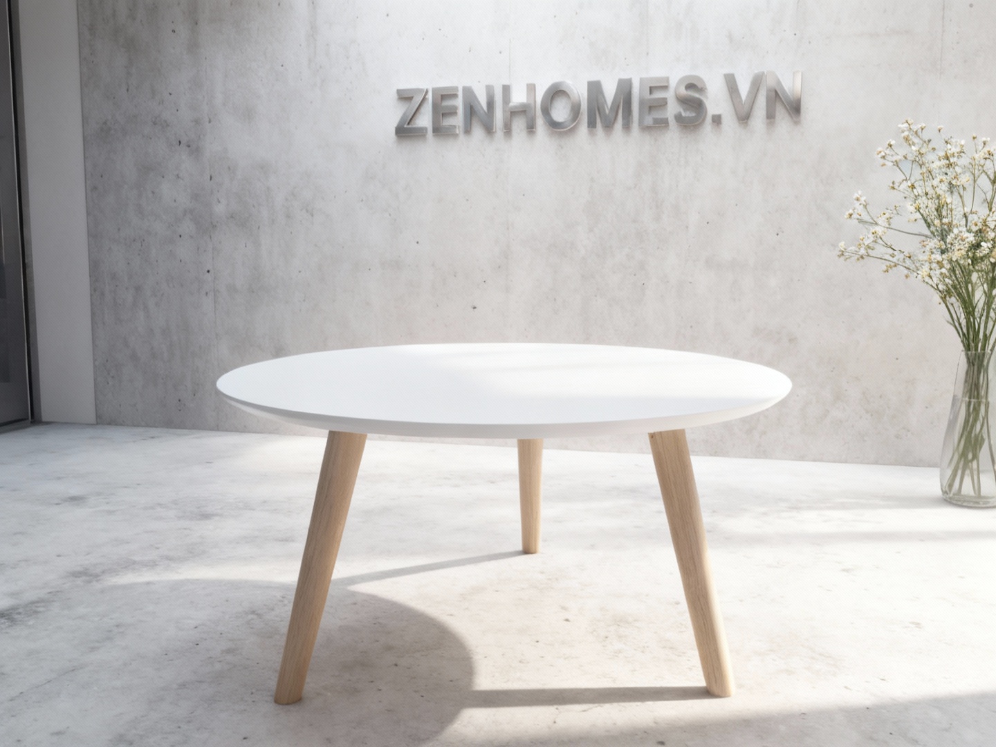 Bàn trà phòng khách đẹp tròn mặt gỗ sơn Pu