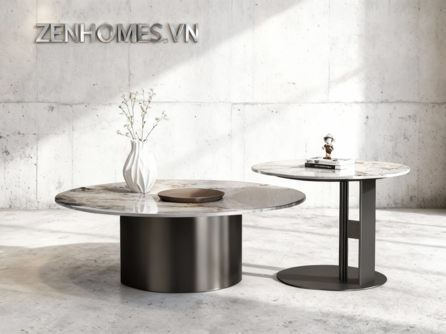 Bàn trà phòng khách đẹp tròn chân sắt
