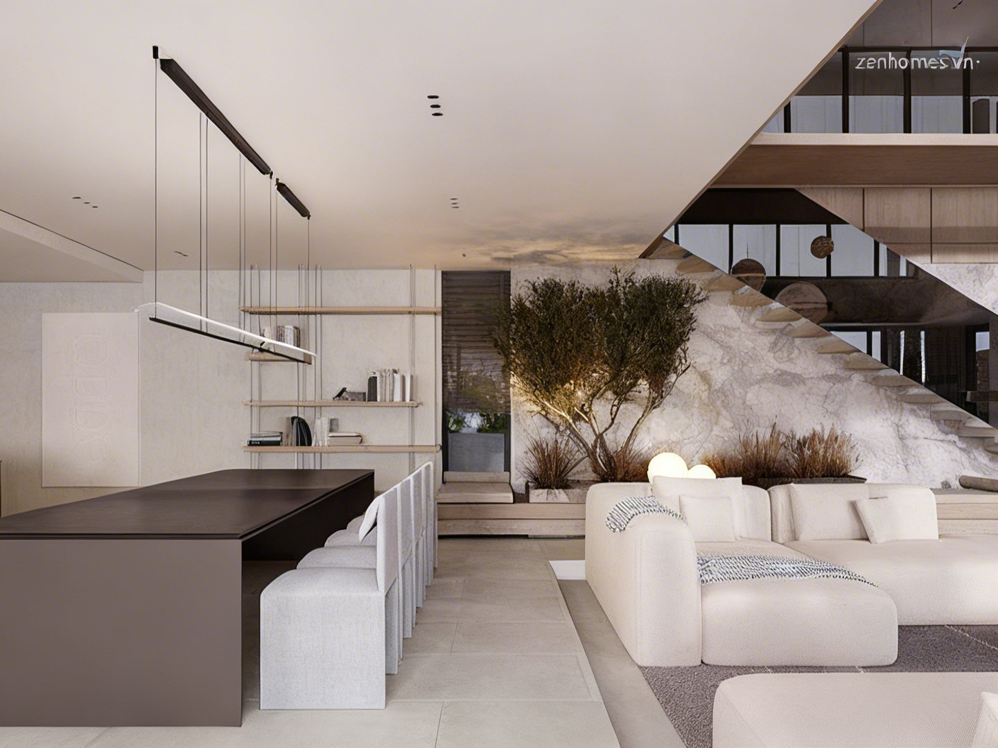 Mẫu thiết kế nội thất biệt thự đẹp phong cách tối giản với phòng khách liên thông bếp và cầu thang nổi hiện đại