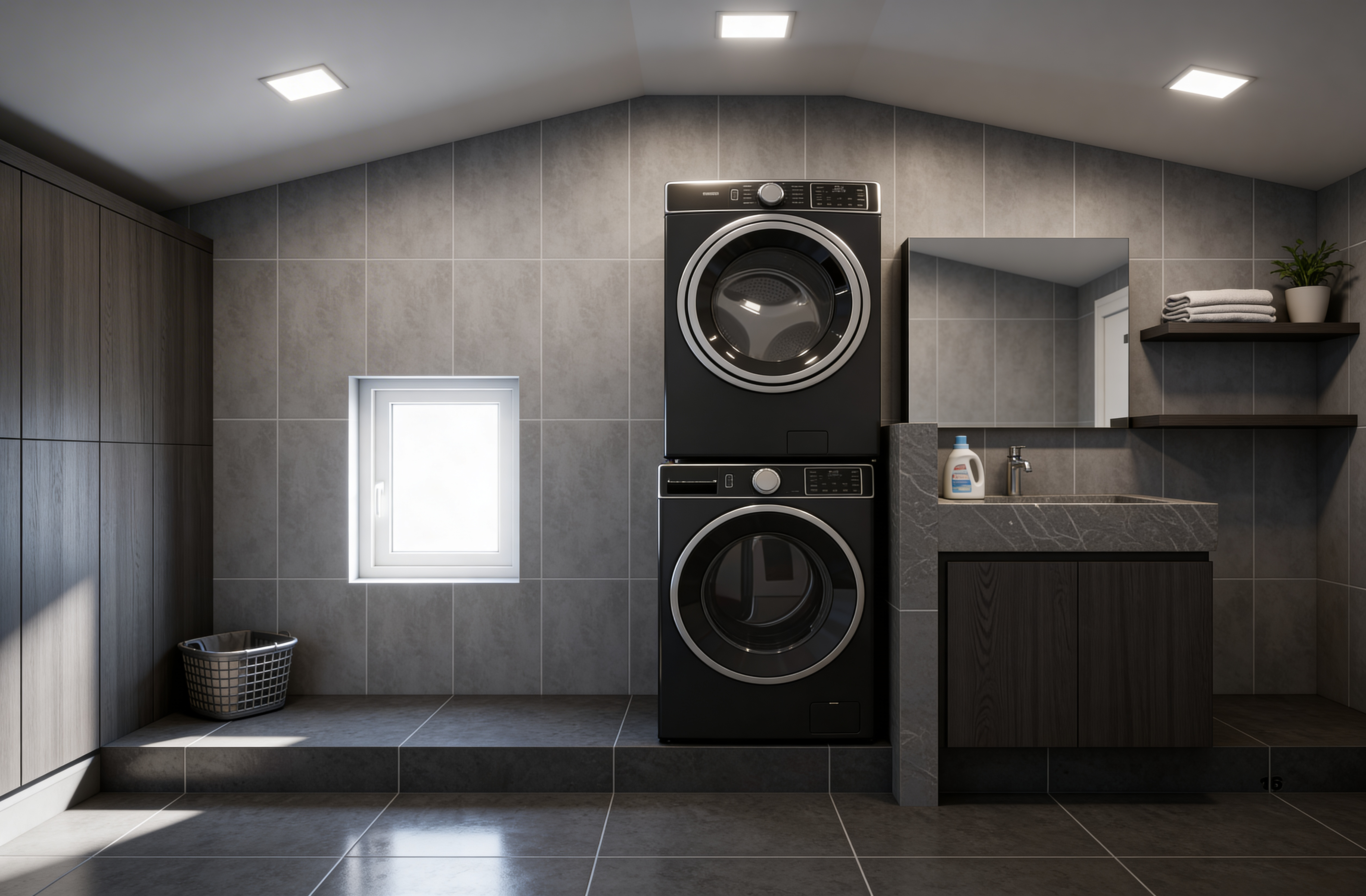 Không gian giặt sấy hiện đại với thiết bị và phụ kiện tiện nghi tối ưu công năng sử dụng