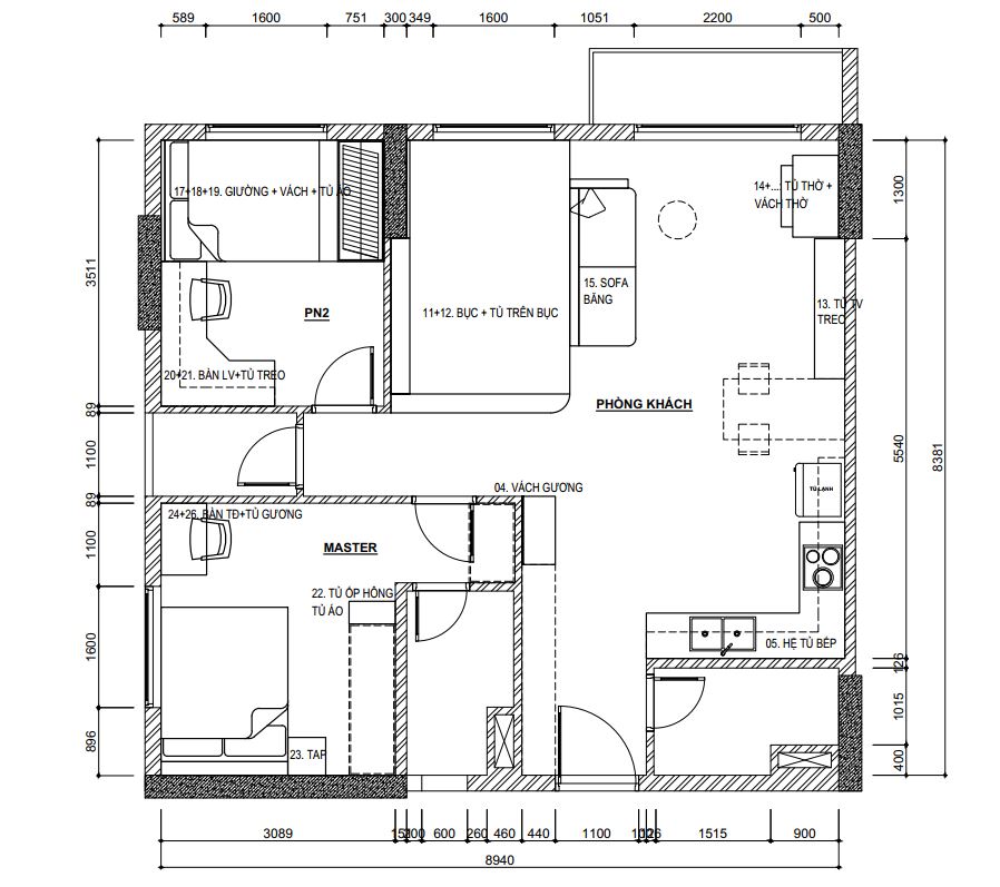 mặt bằng bố trí căn hộ thi công nội thất chung cư trọn gói lovera vista