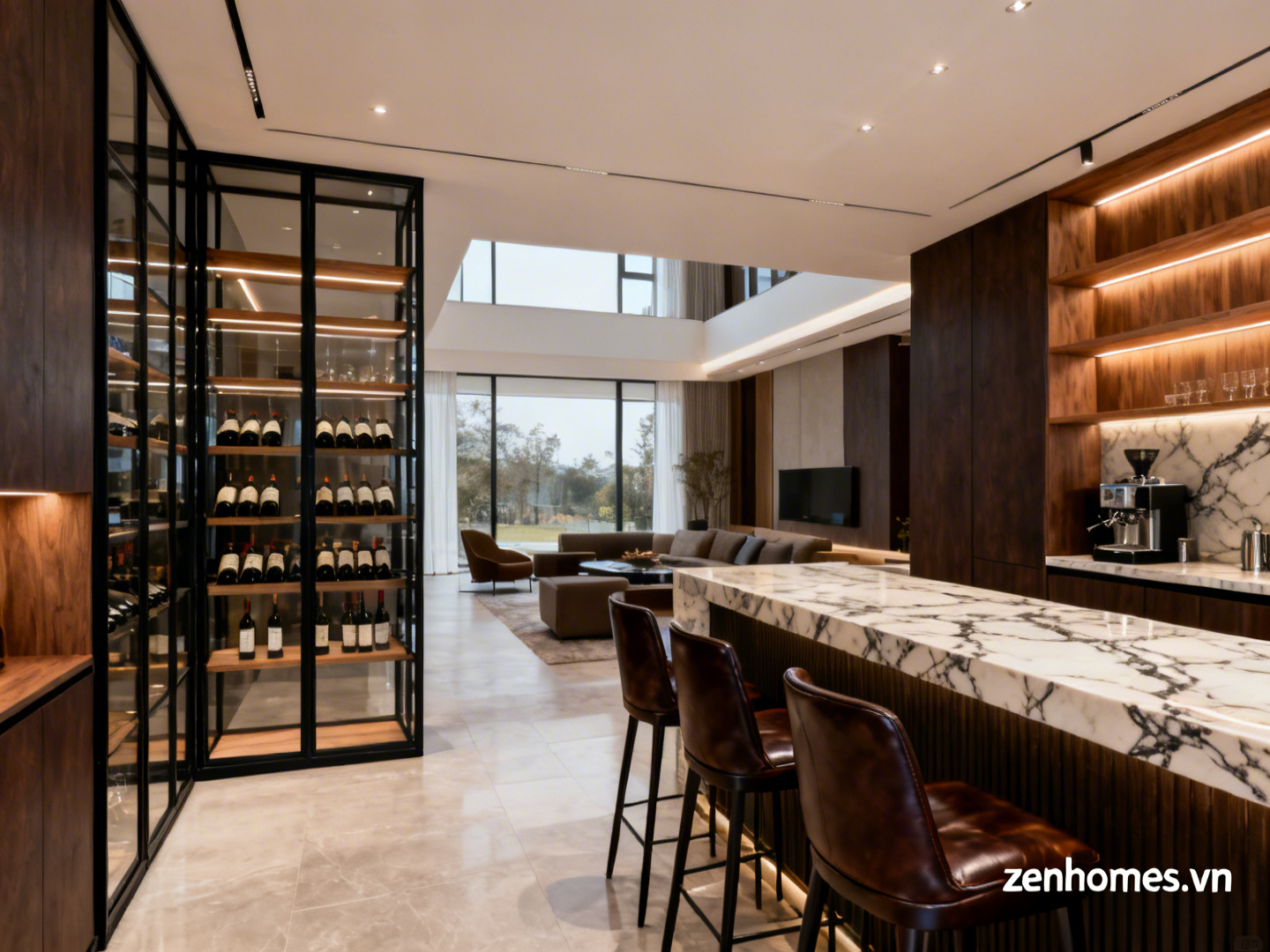 Mẫu thiết kế nội thất biệt thự tích hợp Phòng rượu trong không gian sinh hoạt chung