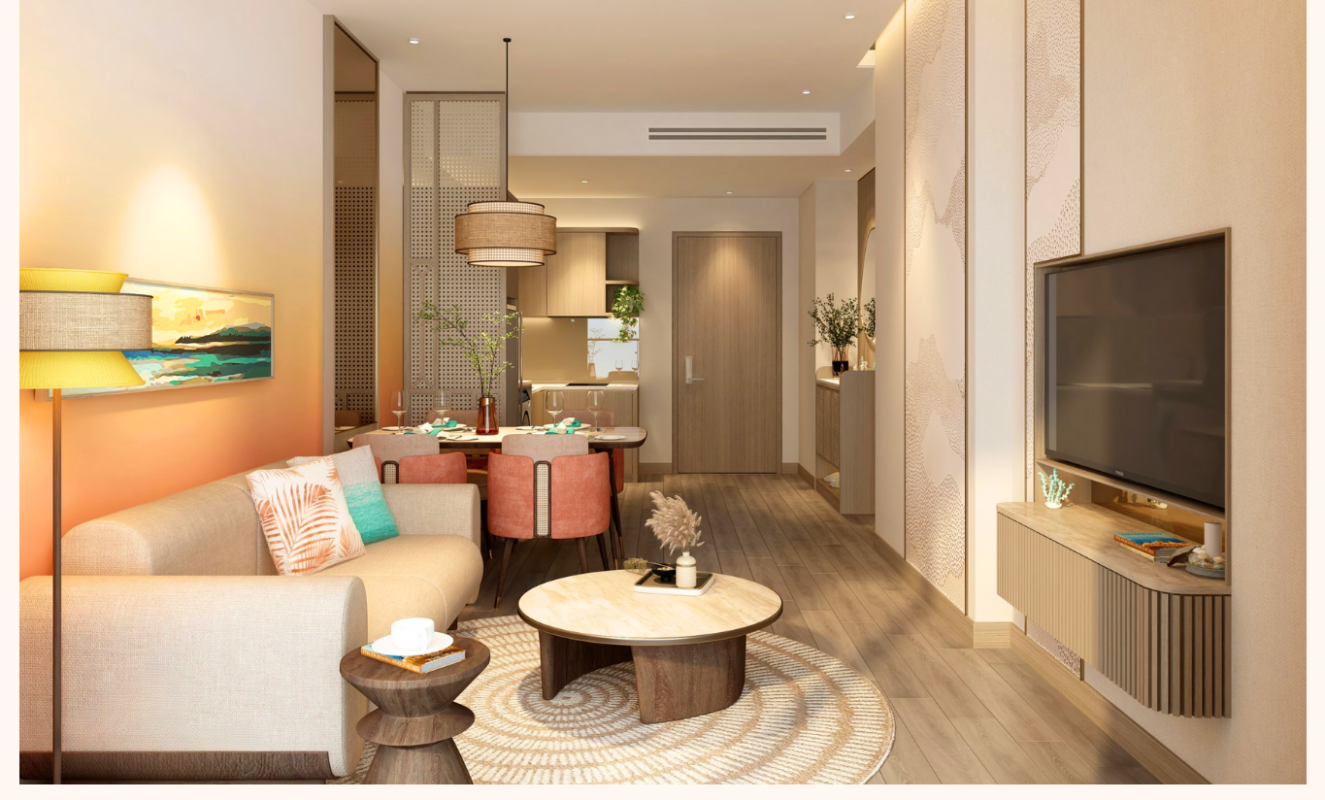thiết kế nội thất phòng khách căn hộ condotel đồi dừa