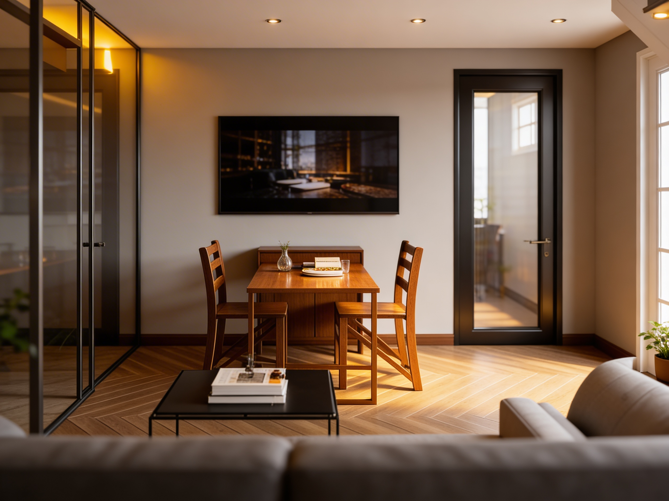 Giải pháp nội thất thông minh với bàn ăn xếp gọn và tivi treo tường giúp tiết kiệm không gian căn hộ