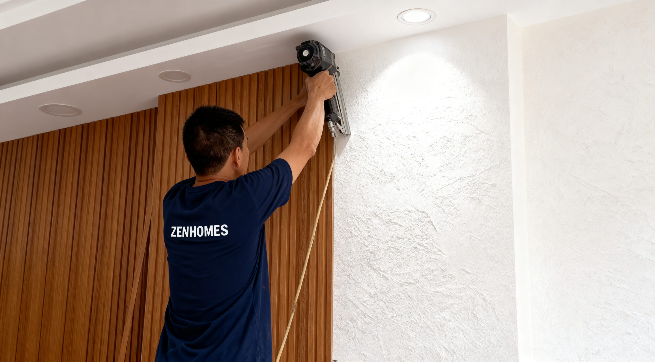 Thi công ốp tường gỗ dạng lam sóng tạo điểm nhấn không gian nội thất hiện đại