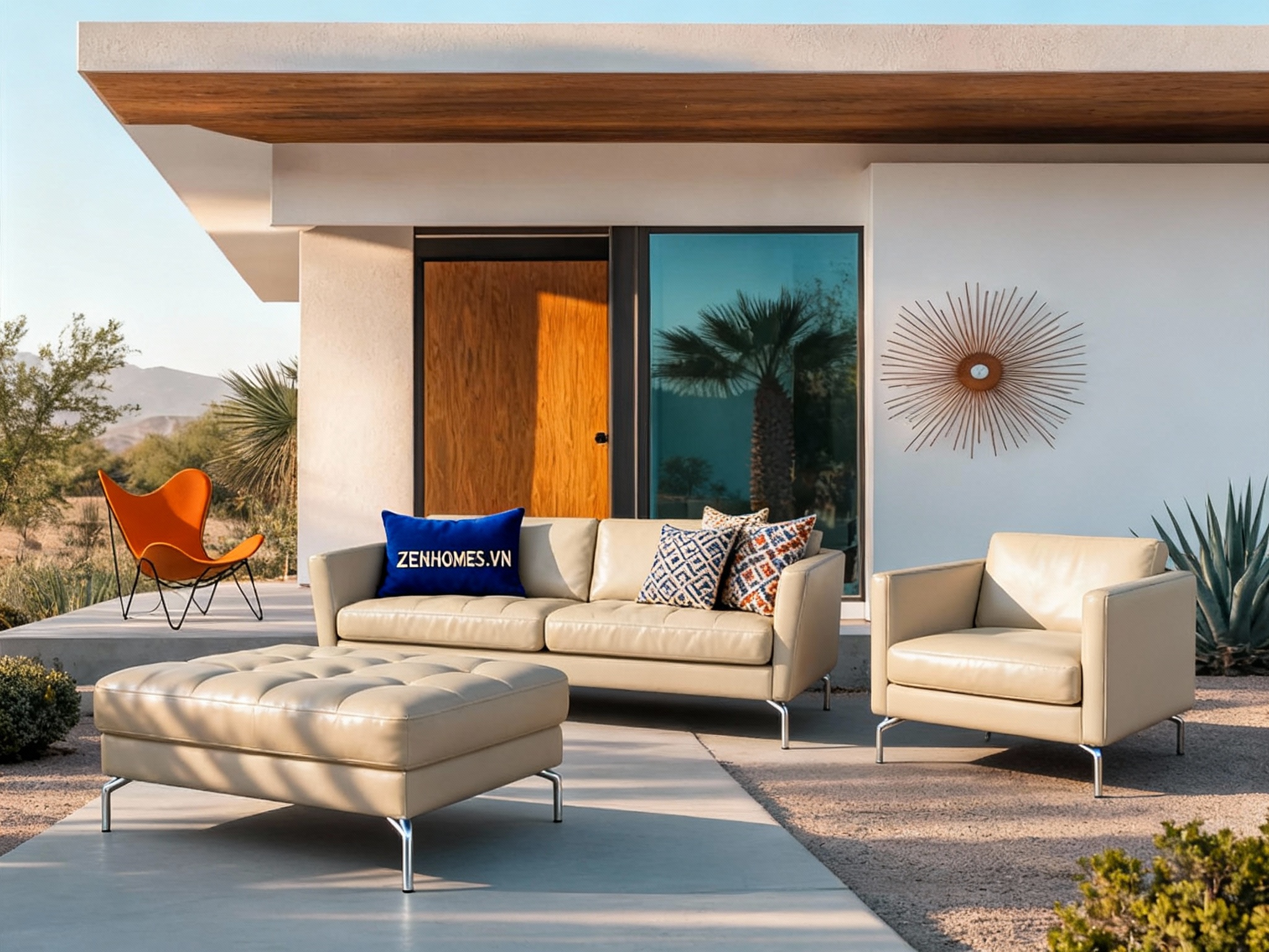 Sofa da bò thật màu nâu phong cách Mid Century tại Zenhomes