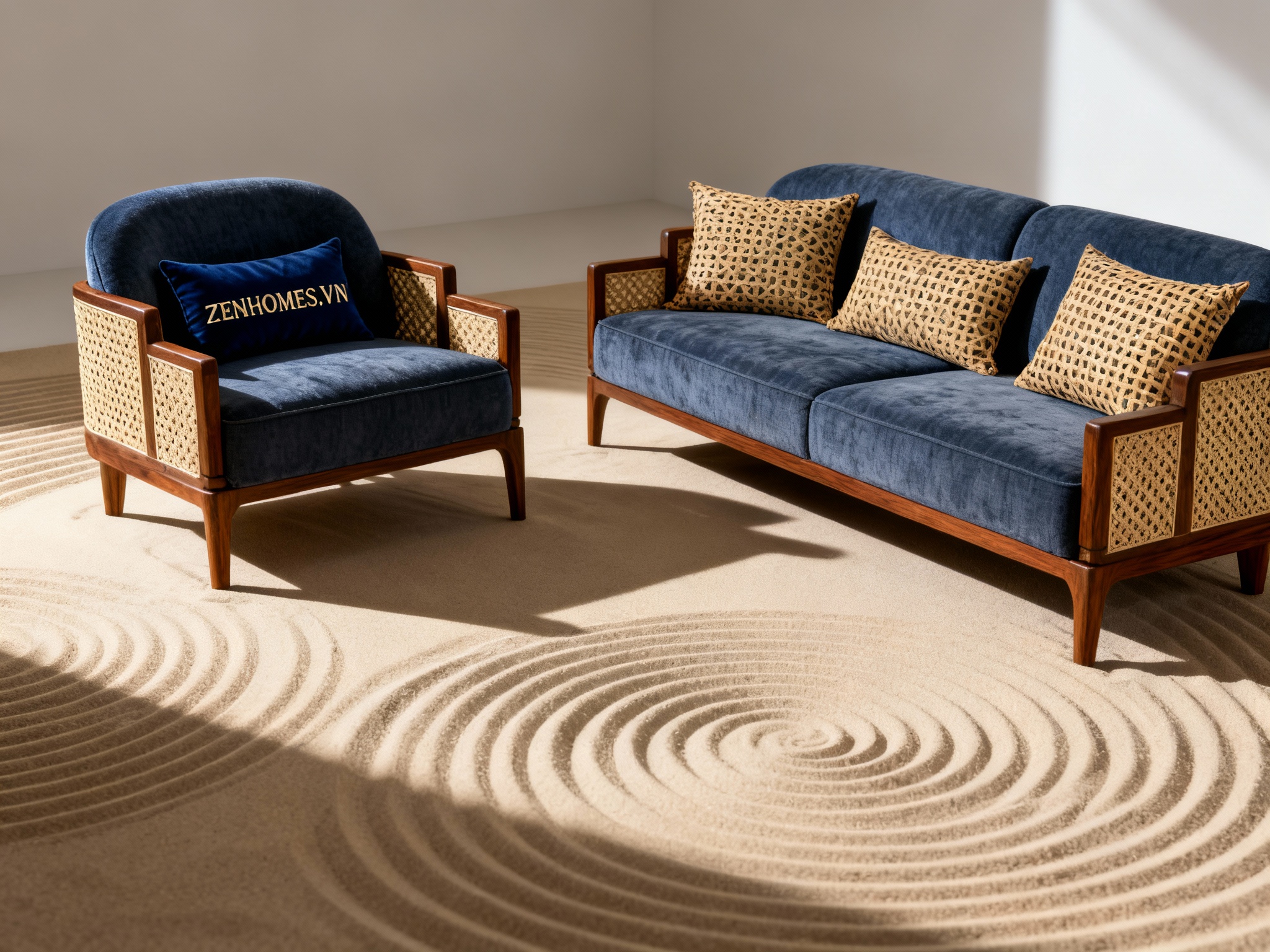 Sofa gỗ óc chó đẹp Japandi