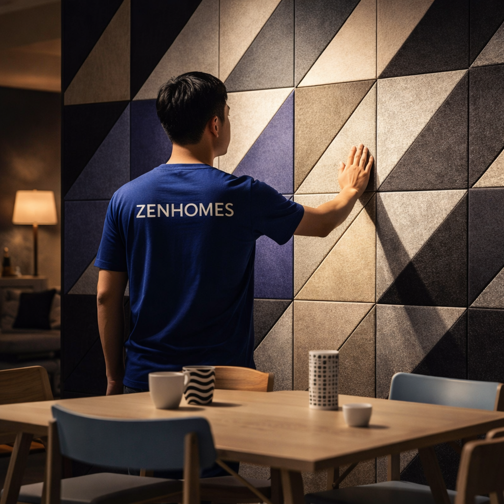 Nhân viên Zenhomes kiểm tra chất lượng thi công tấm tiêu âm polyester cho phòng họp văn phòng.