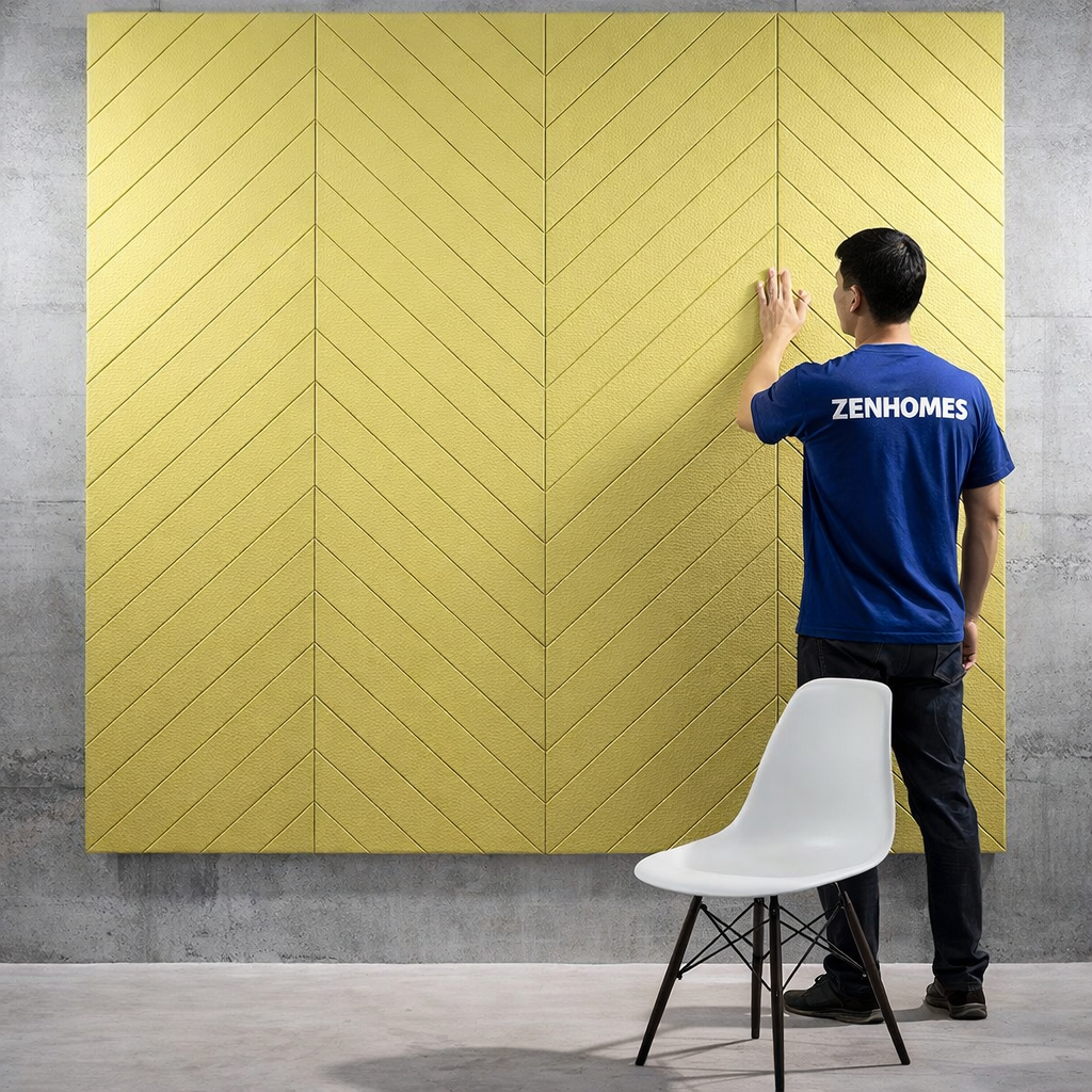 Đội ngũ Zenhomes thi công lắp đặt tấm tiêu âm trang trí màu vàng với họa tiết xương cá hiện đại cho văn phòng.