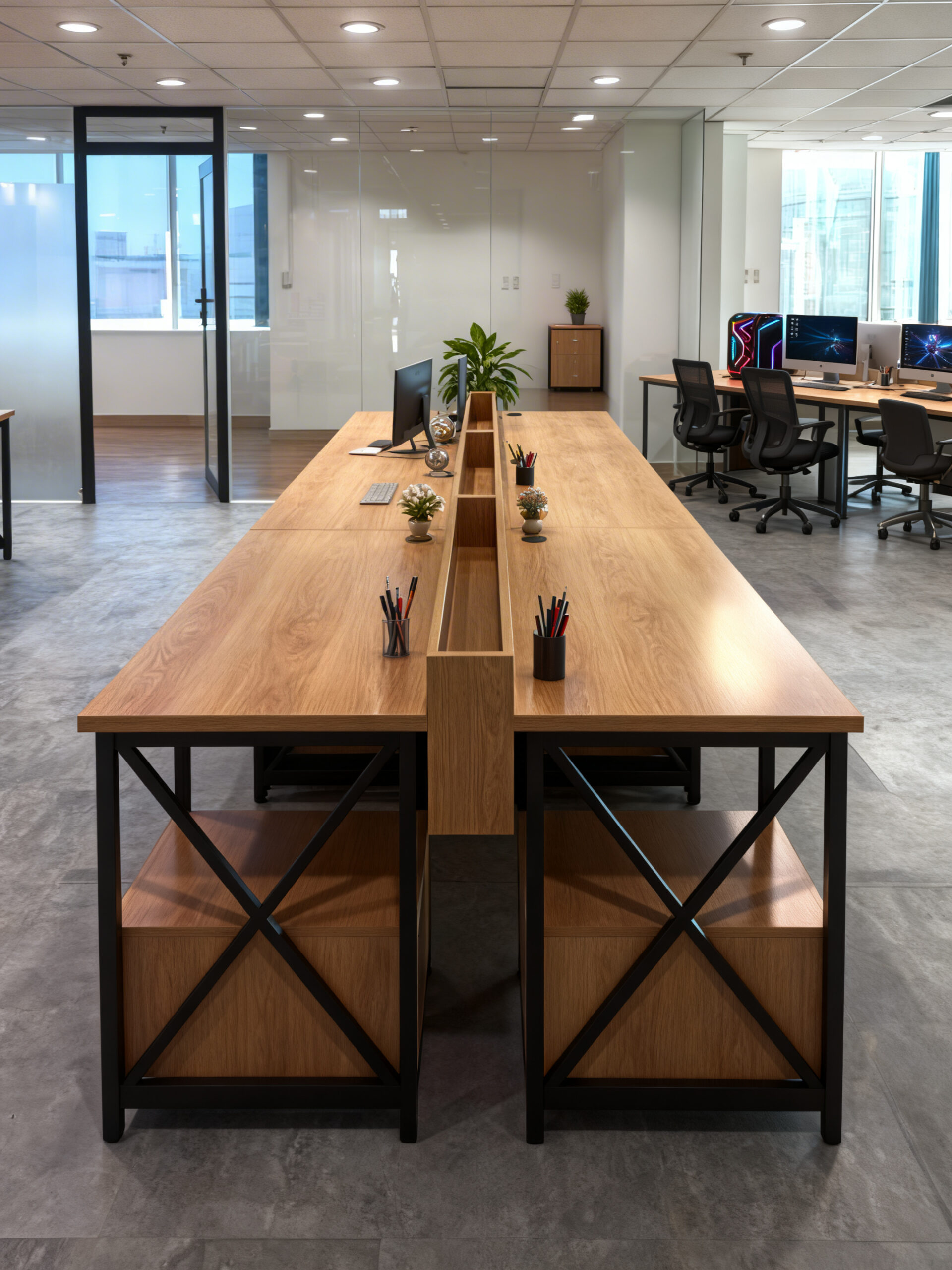 thi công nội thất văn phòng hoàn thiện bàn làm việc dài trung tâm hiện đại