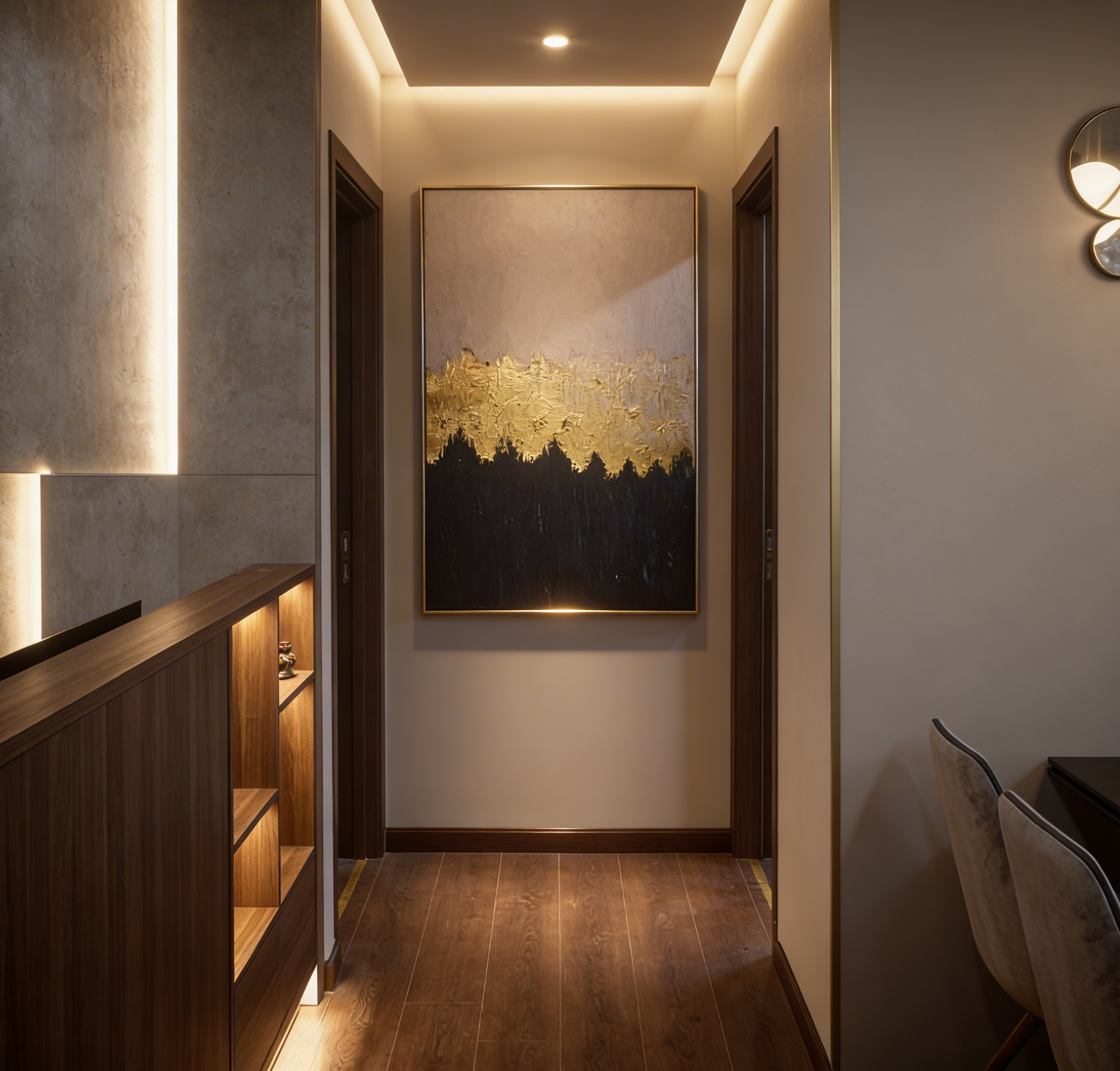 Cải tạo nội thất chung cư Chợ Nga hành lang sang trọng với tranh nghệ thuật và hệ thống đèn led hắt sáng tinh tế.