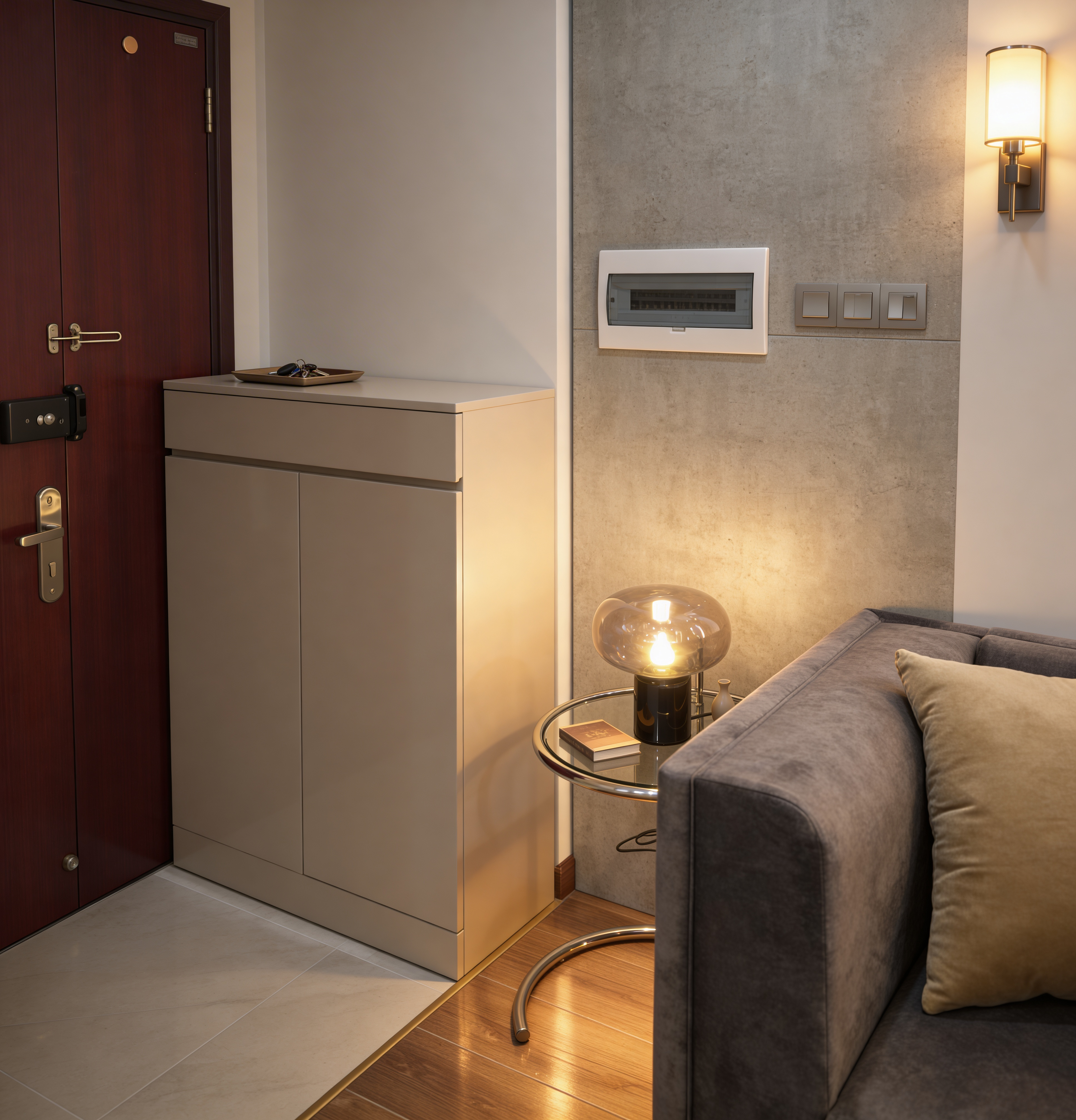 Cải tạo nội thất chung cư Chợ Nga lối vào tiền sảnh với tủ giày thông minh và vách trang trí giả bê tông hiện đại.