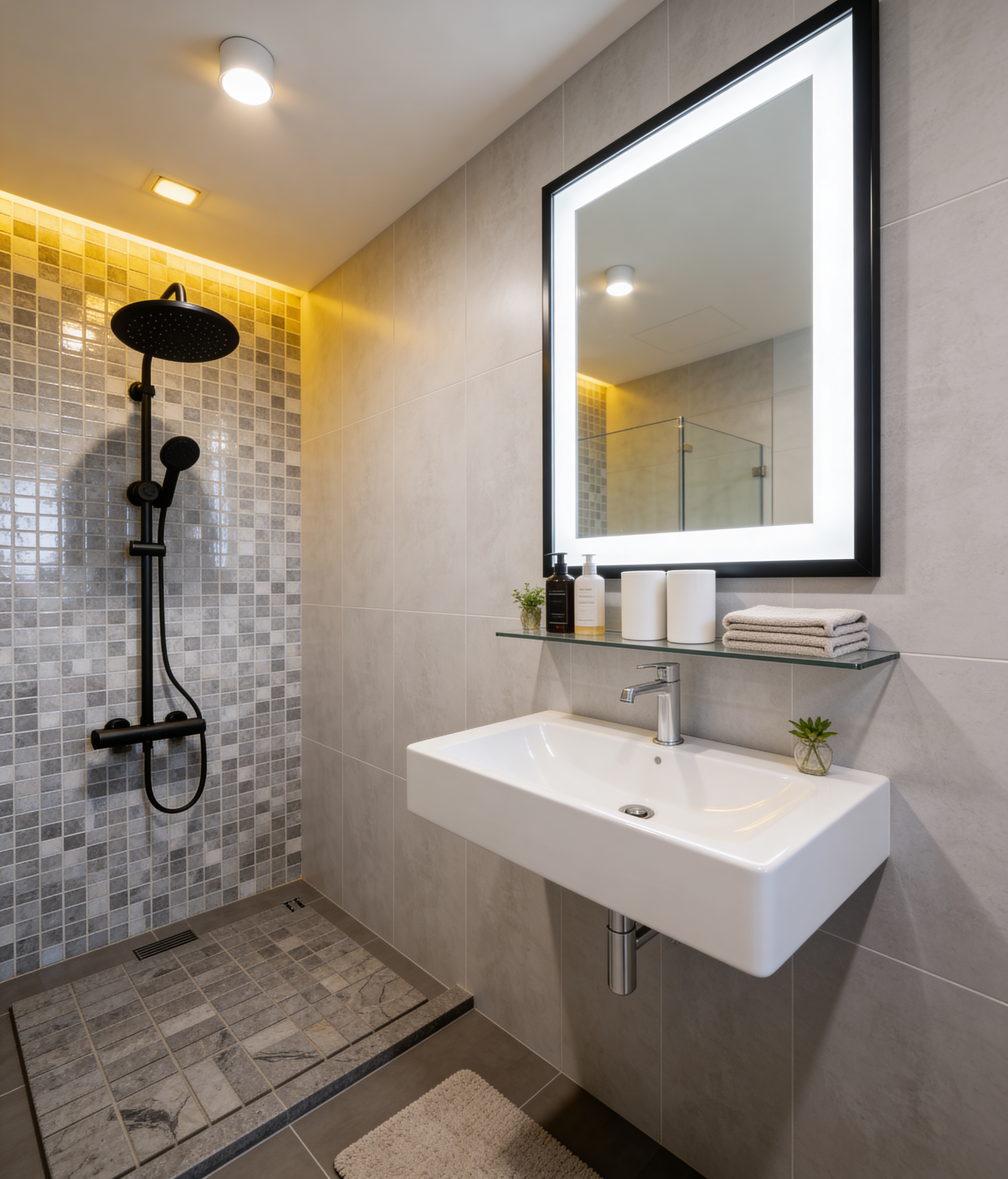 Thiết kế nhà vệ sinh hiện đại với gạch ốp trang trí và ánh sáng âm tạo cảm giác sạch sẽ