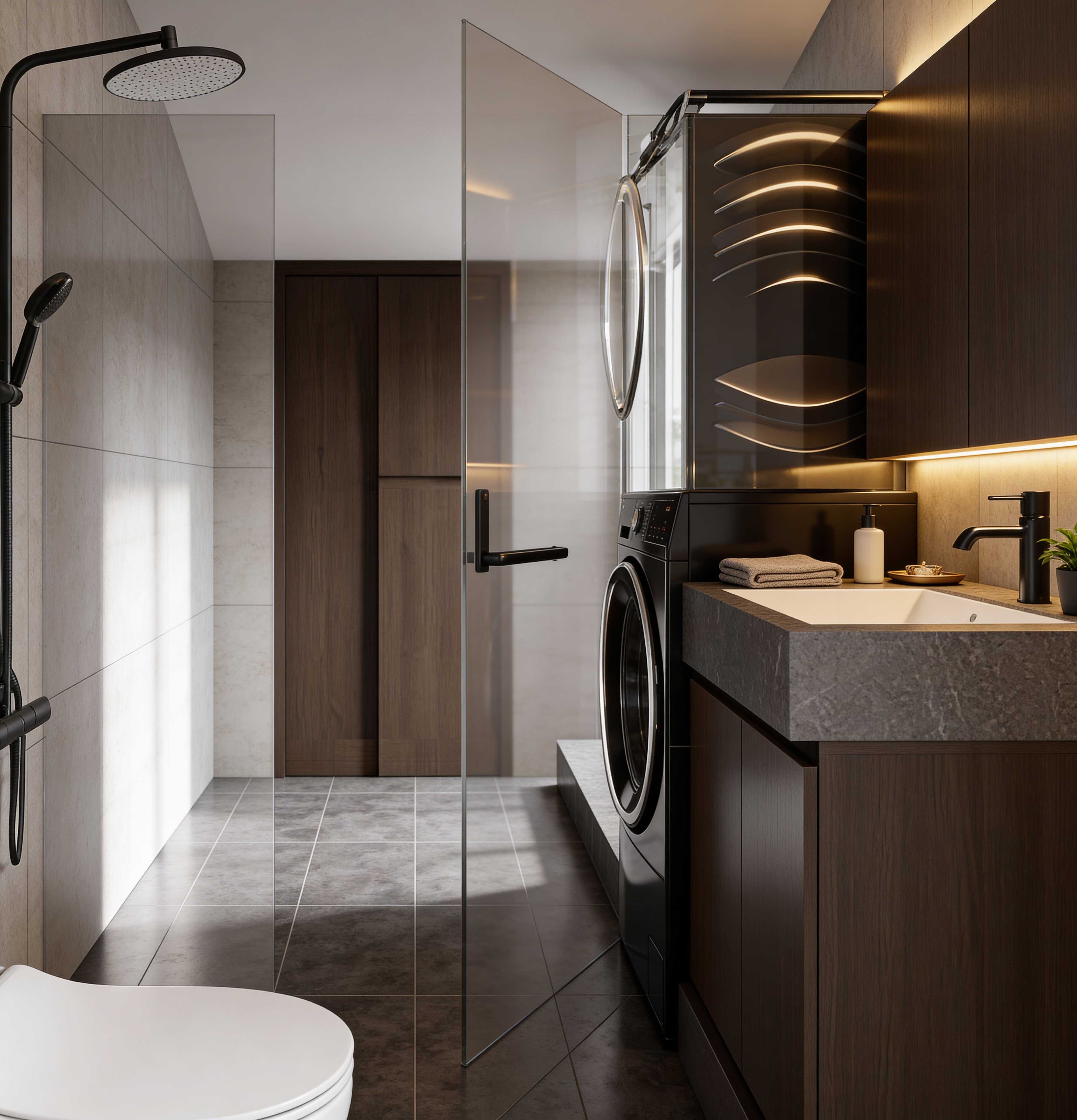 Thiết kế nhà vệ sinh kết hợp giặt sấy hiện đại với thiết bị và phụ kiện tối ưu không gian sử dụng