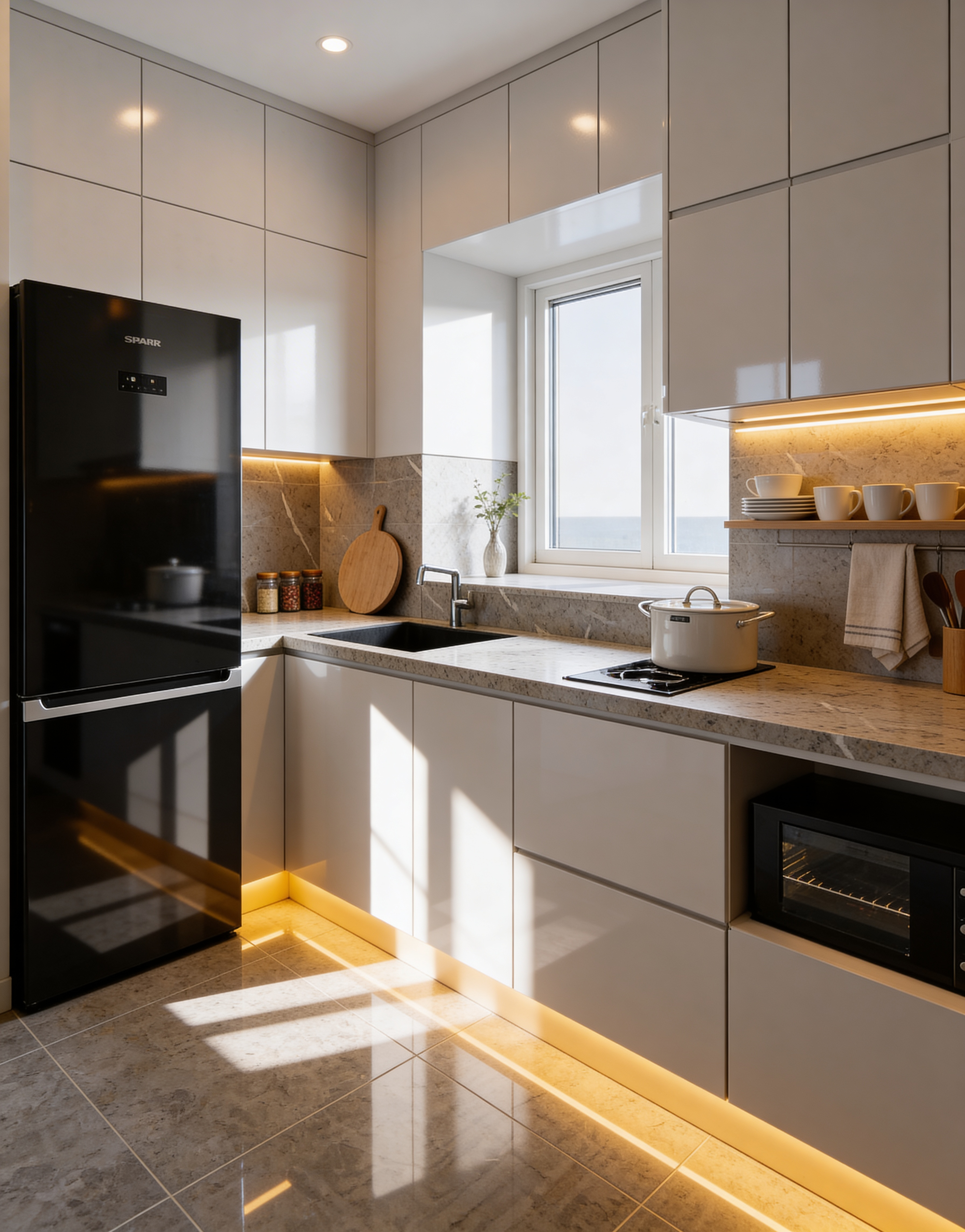 Thiết kế nội thất bếp hiện đại với gỗ công nghiệp và hệ chiếu sáng âm tạo cảm giác ấm cúng