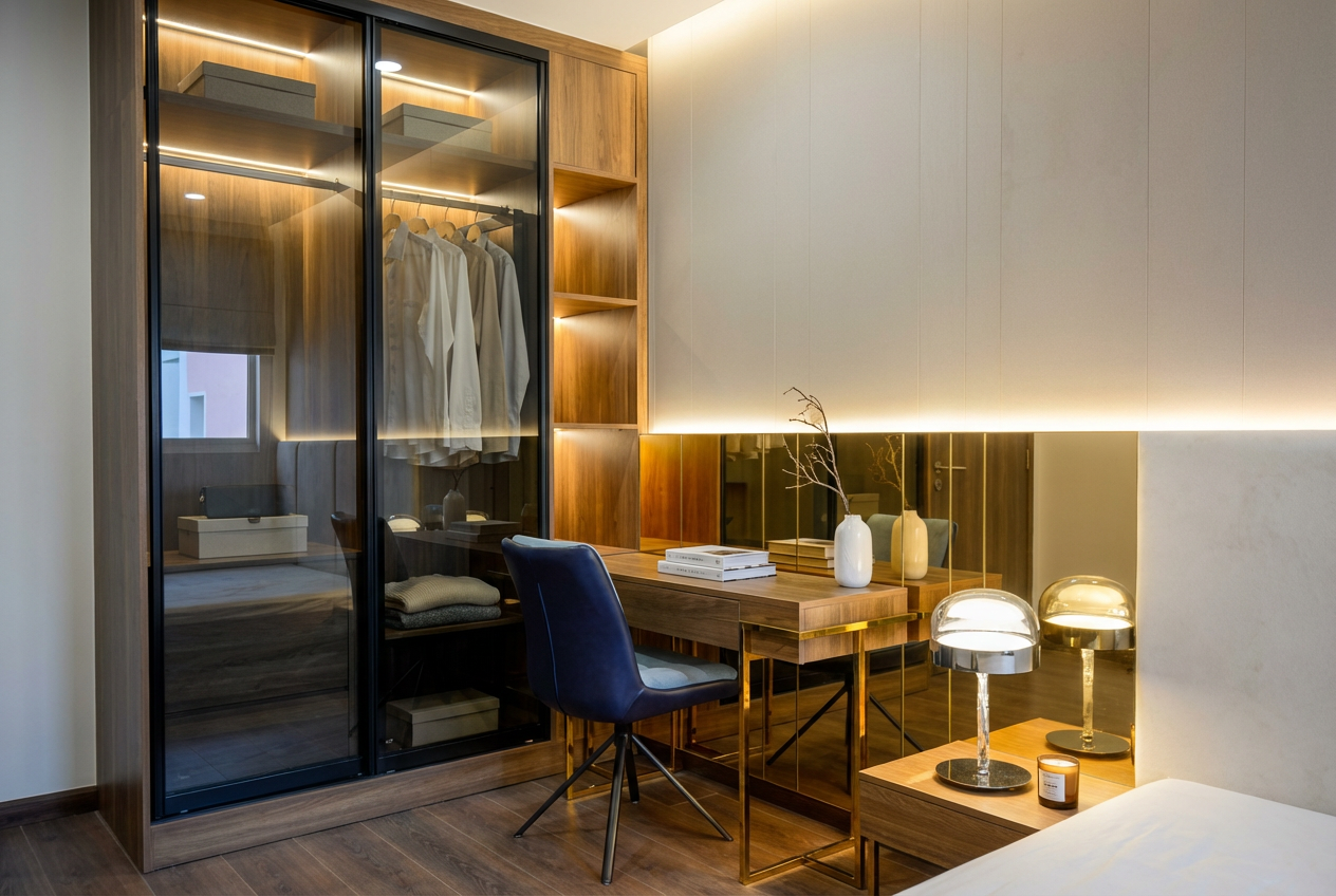 Cải tạo nội thất chung cư Chợ Nga phòng ngủ hiện đại với tủ quần áo cánh kính cao cấp và bàn làm việc tích hợp.