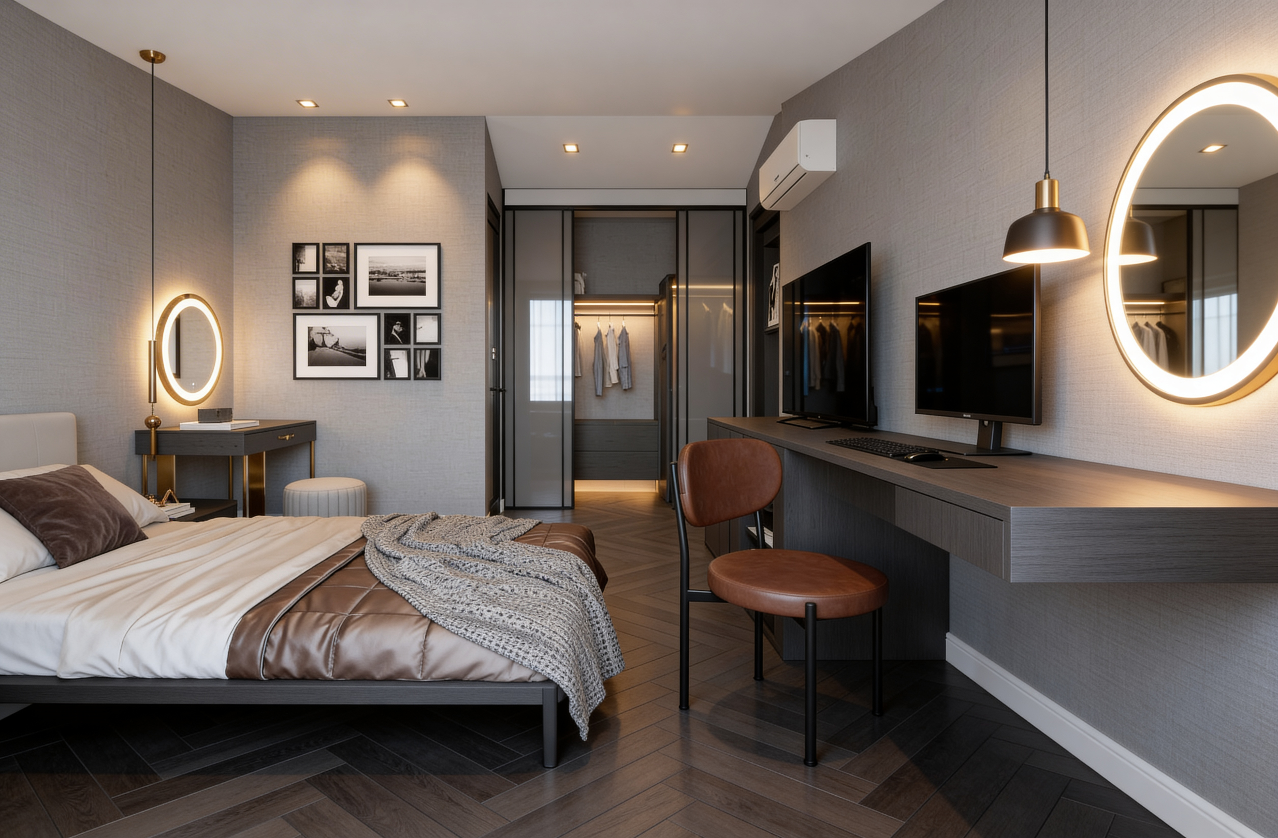 Thiết kế phòng ngủ hiện đại đồng bộ nội thất tích hợp làm việc và lưu trữ tối ưu không gian